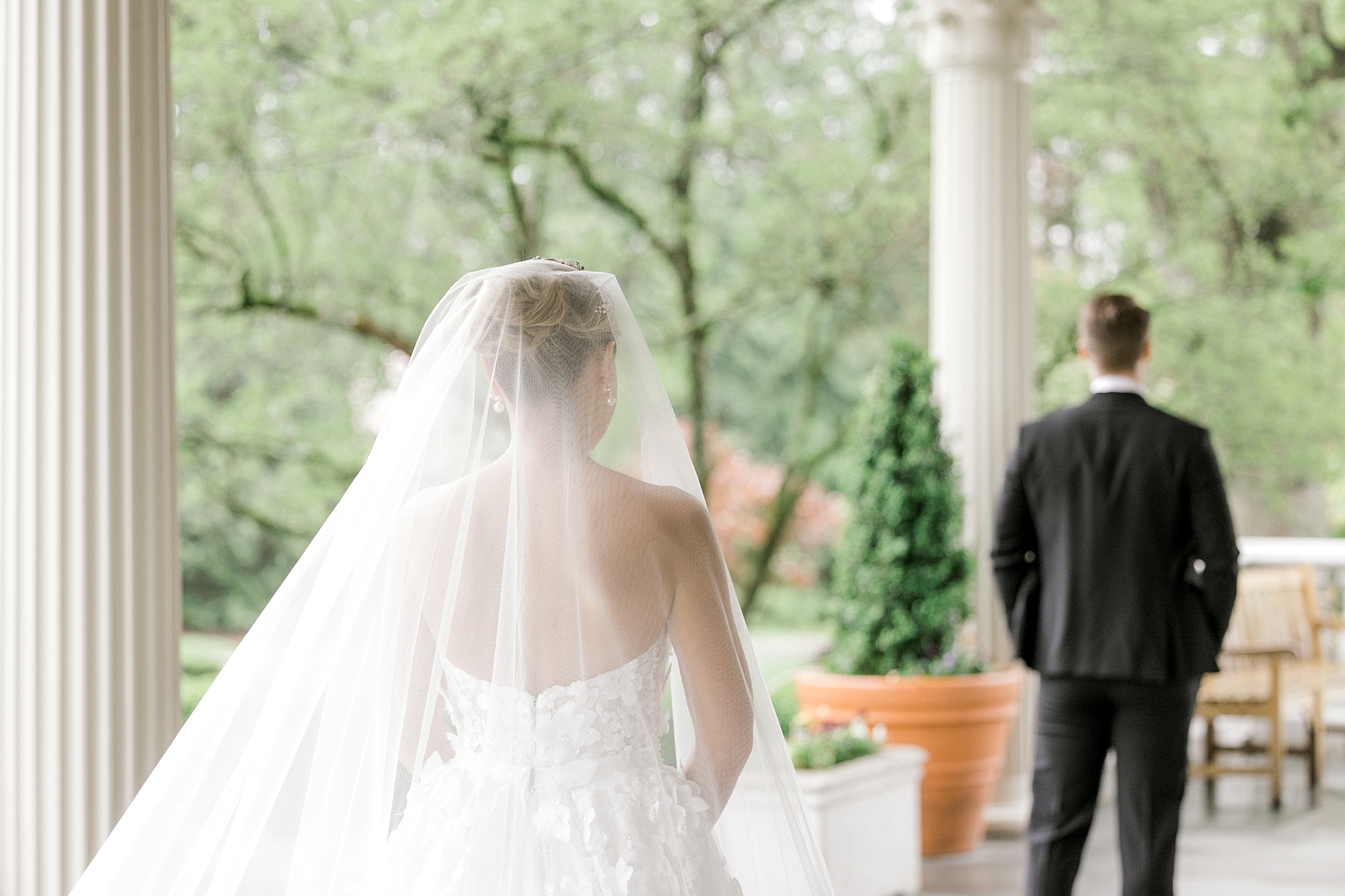 bride walks to meet groom for first look in New Jersey