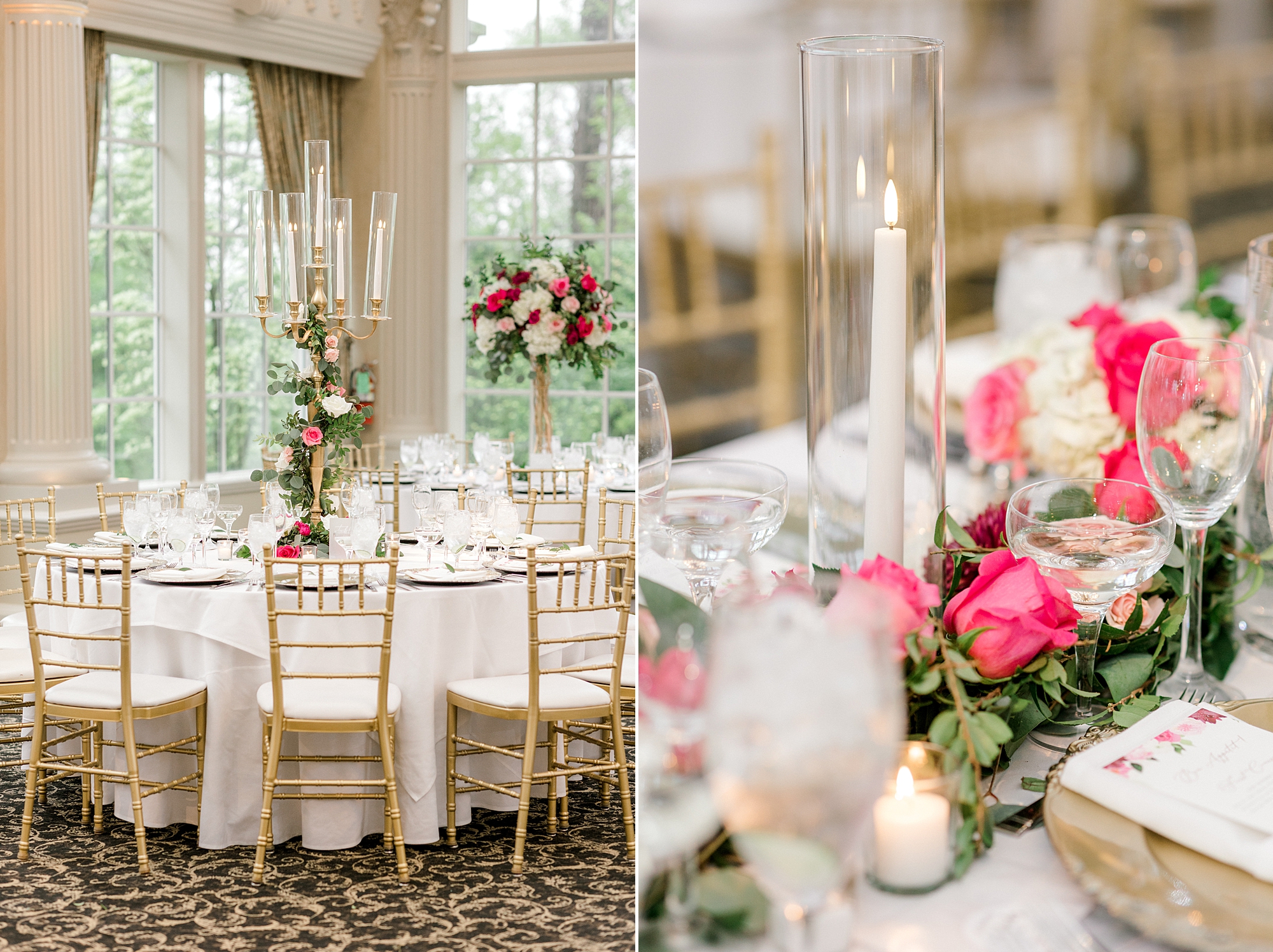 wedding reception at The Ashford Estate with pink and white floral centerpieces and tall white candles