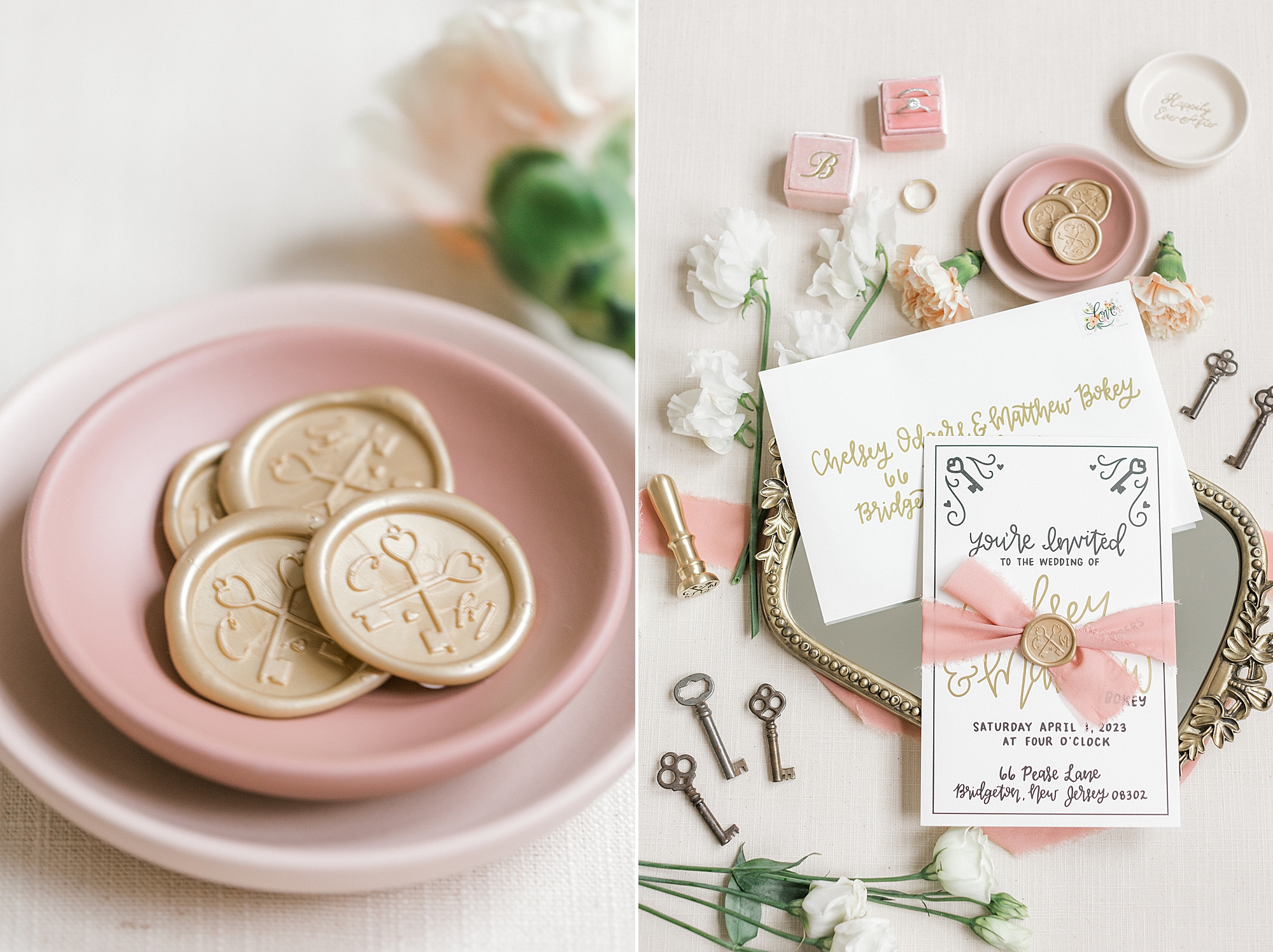gold wax seals in pink bowl with invitation suite