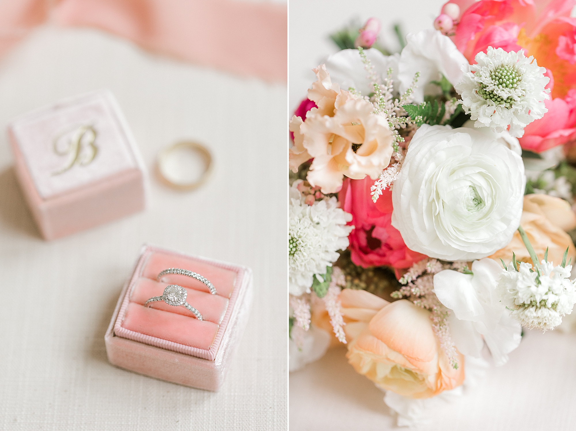 wedding jewelry in pink ring box with bouquet of white and orange flowers