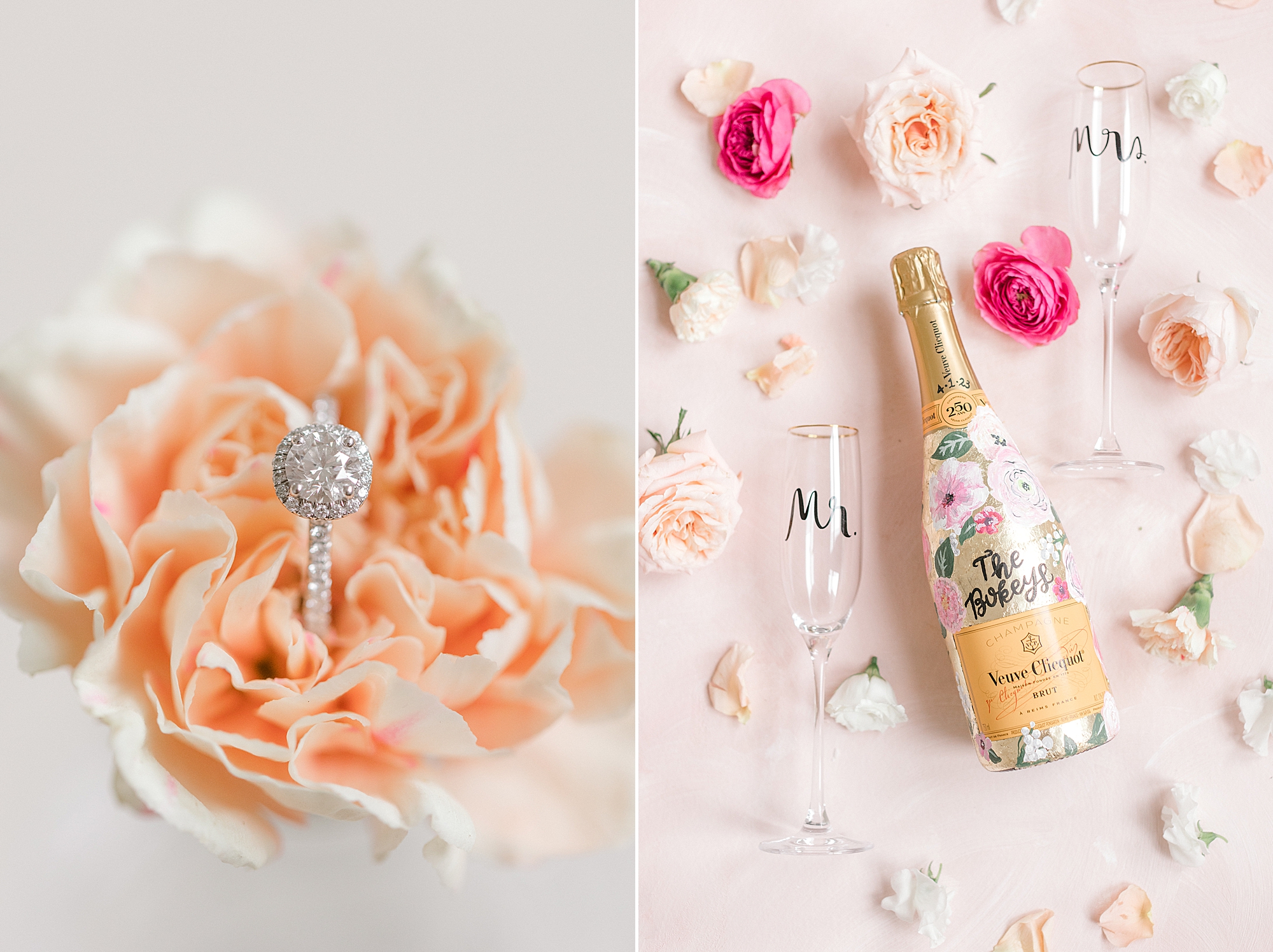 bride's details with Champagne bottle and pink flowers