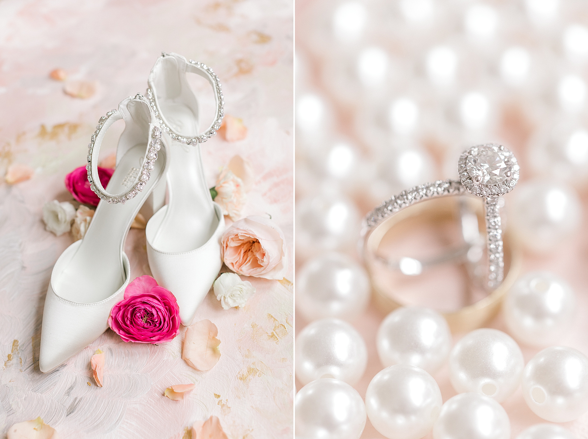 white shoes and diamond rings in pearls for intimate wedding at The Townsend Property
