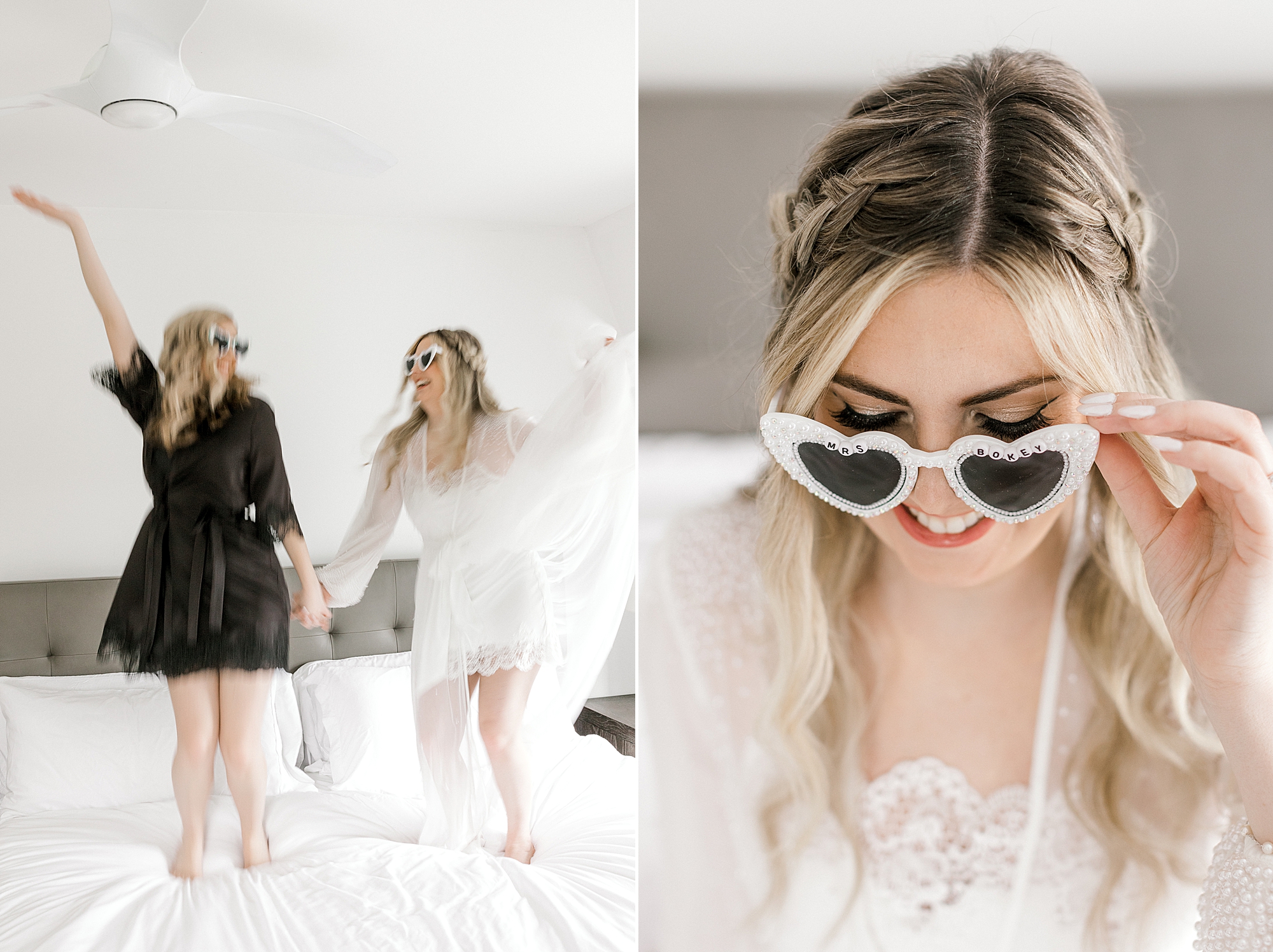 bride jumps on bed with maid of honor