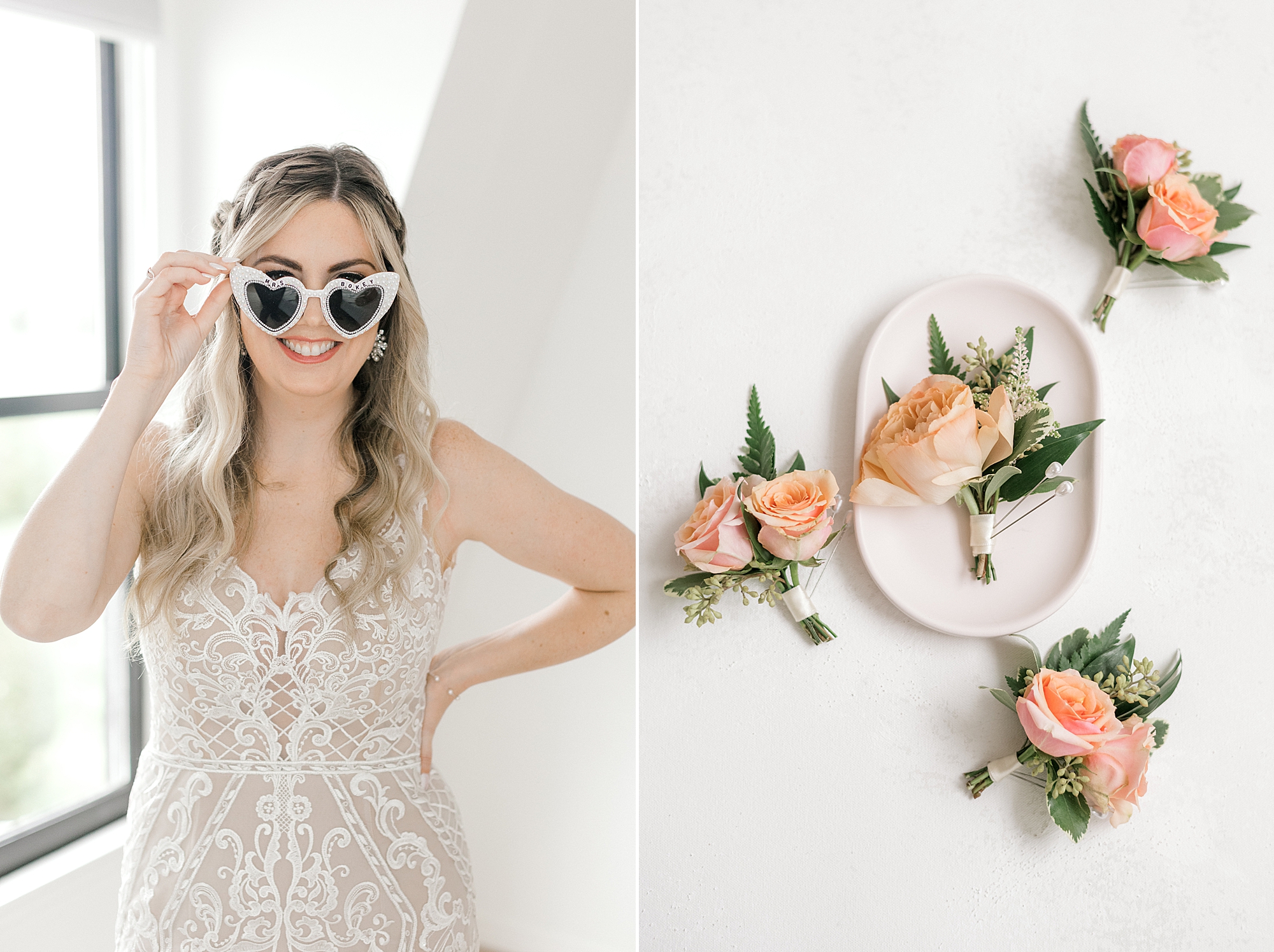 bride pushes heart shaped sunglasses down nose