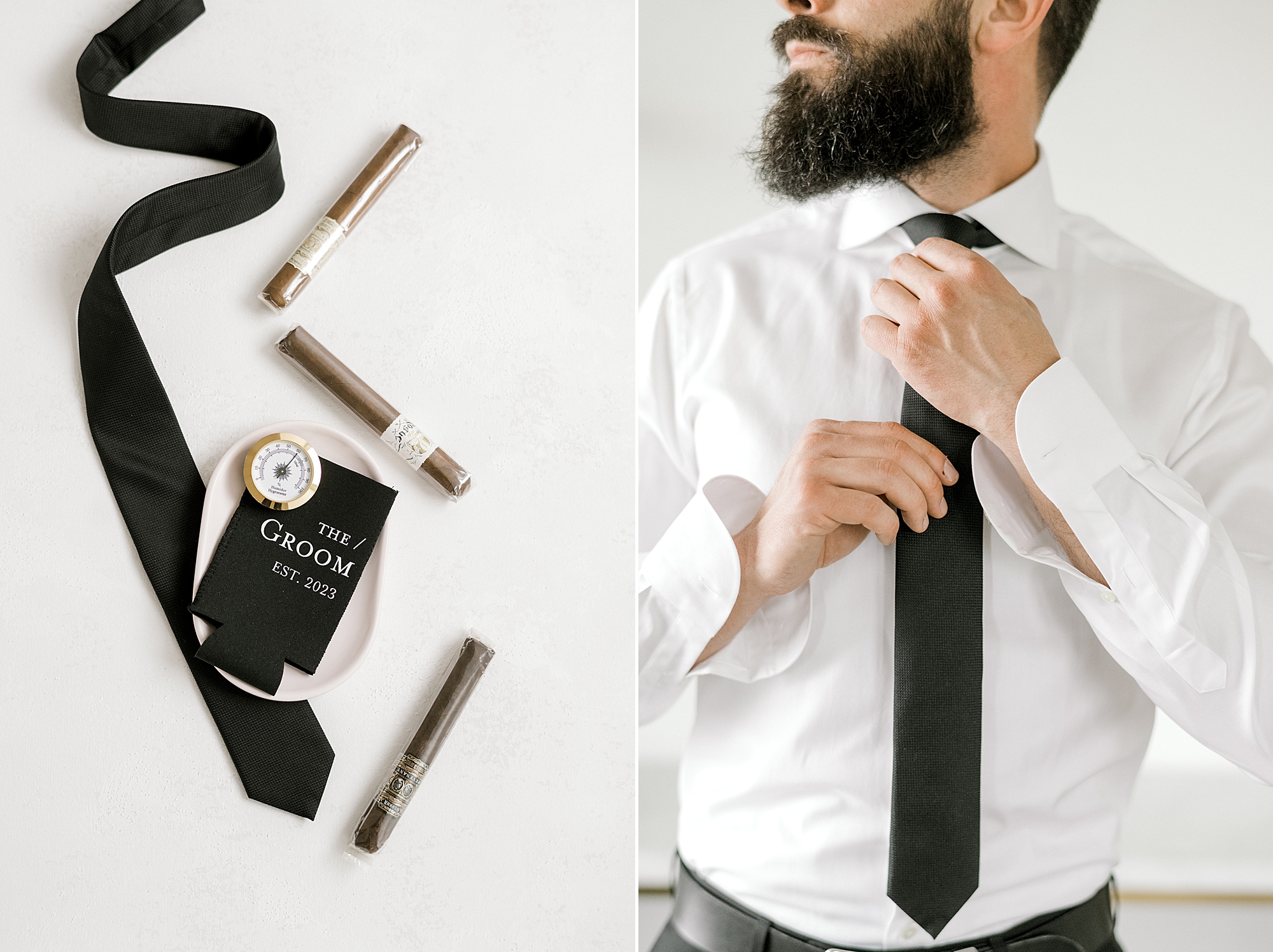 groom adjusts skinny black tie before intimate wedding at The Townsend Property