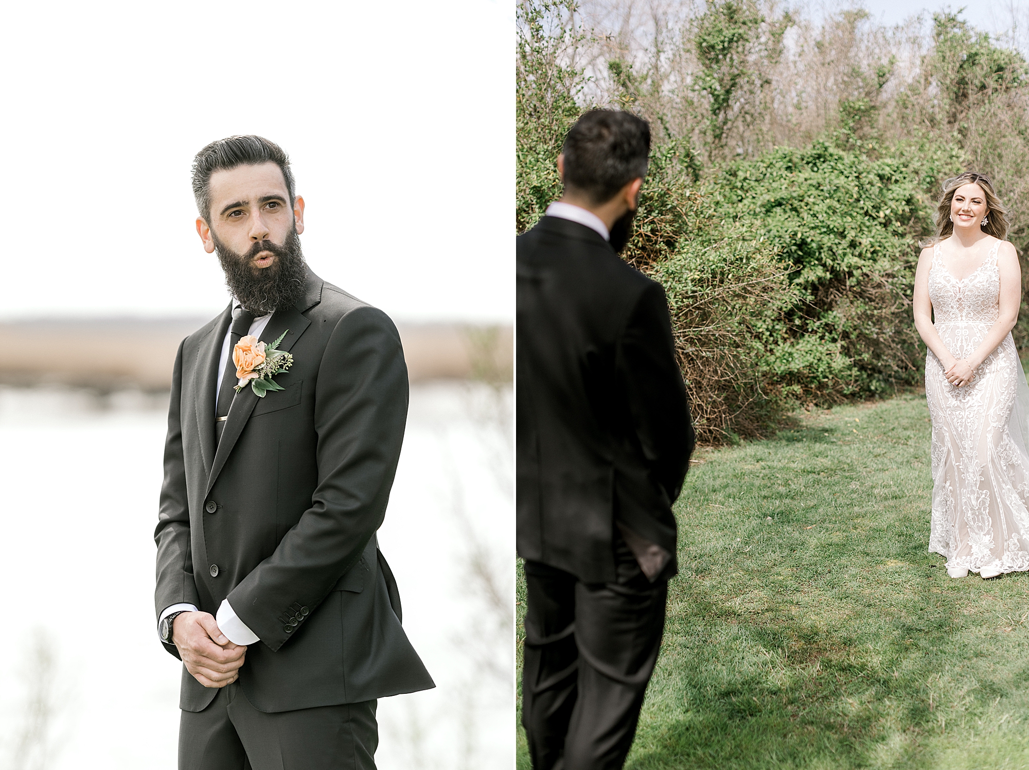 groom turns to look at bride during first look at The Townsend Property