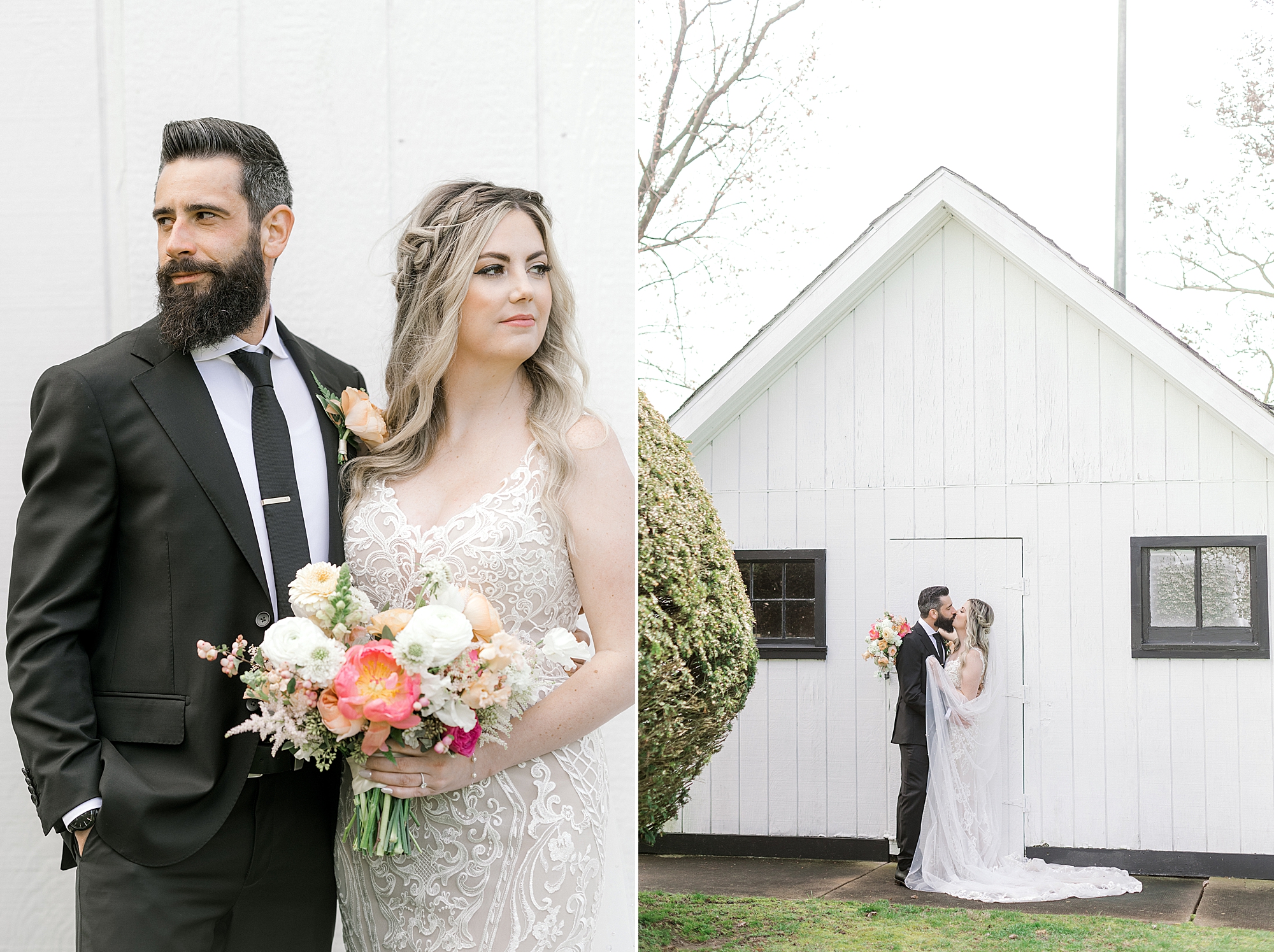 newlyweds hug by white barn at The Townsend Property