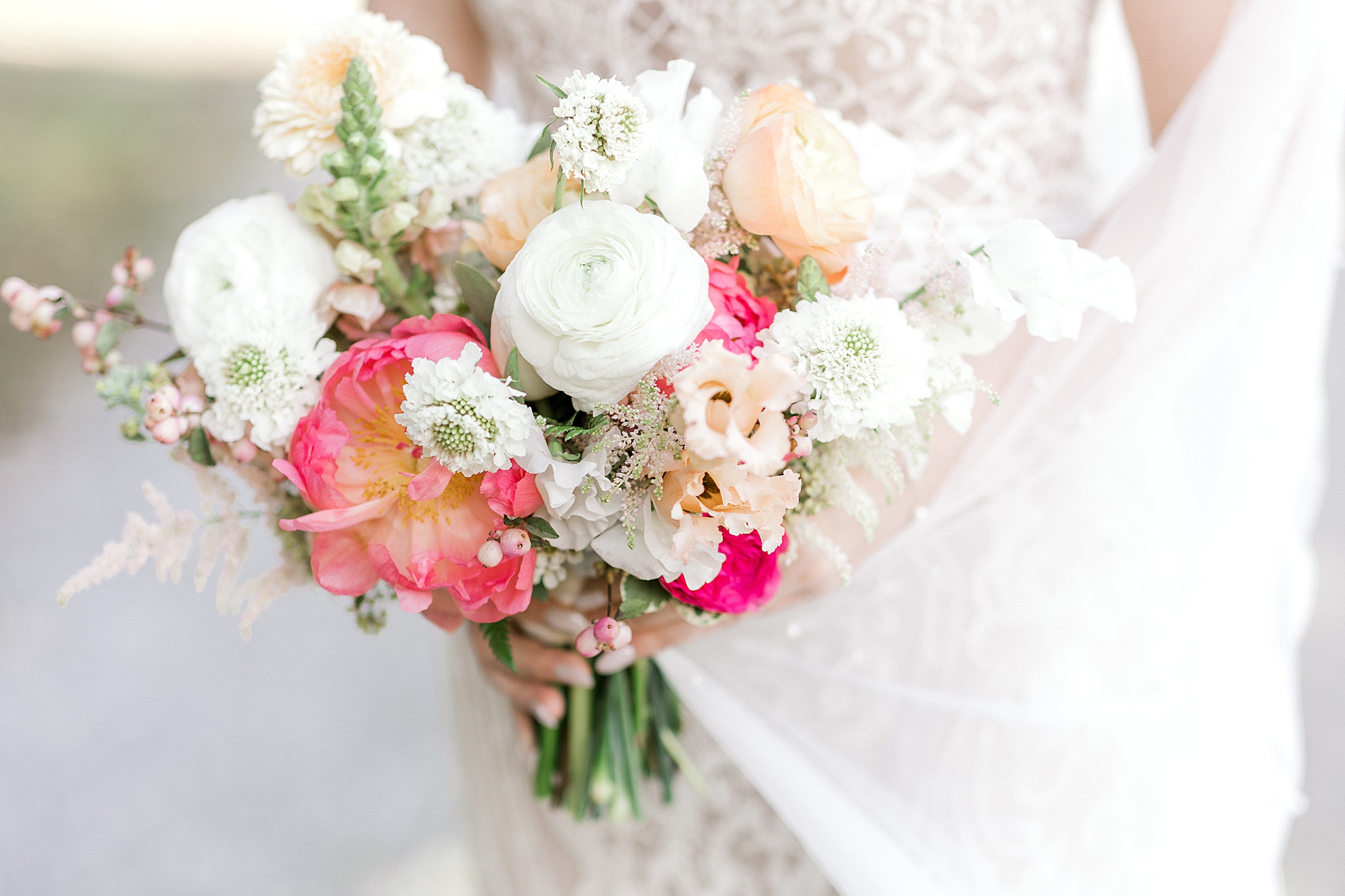 bride's bouquet for summer wedding with white and pink flowers