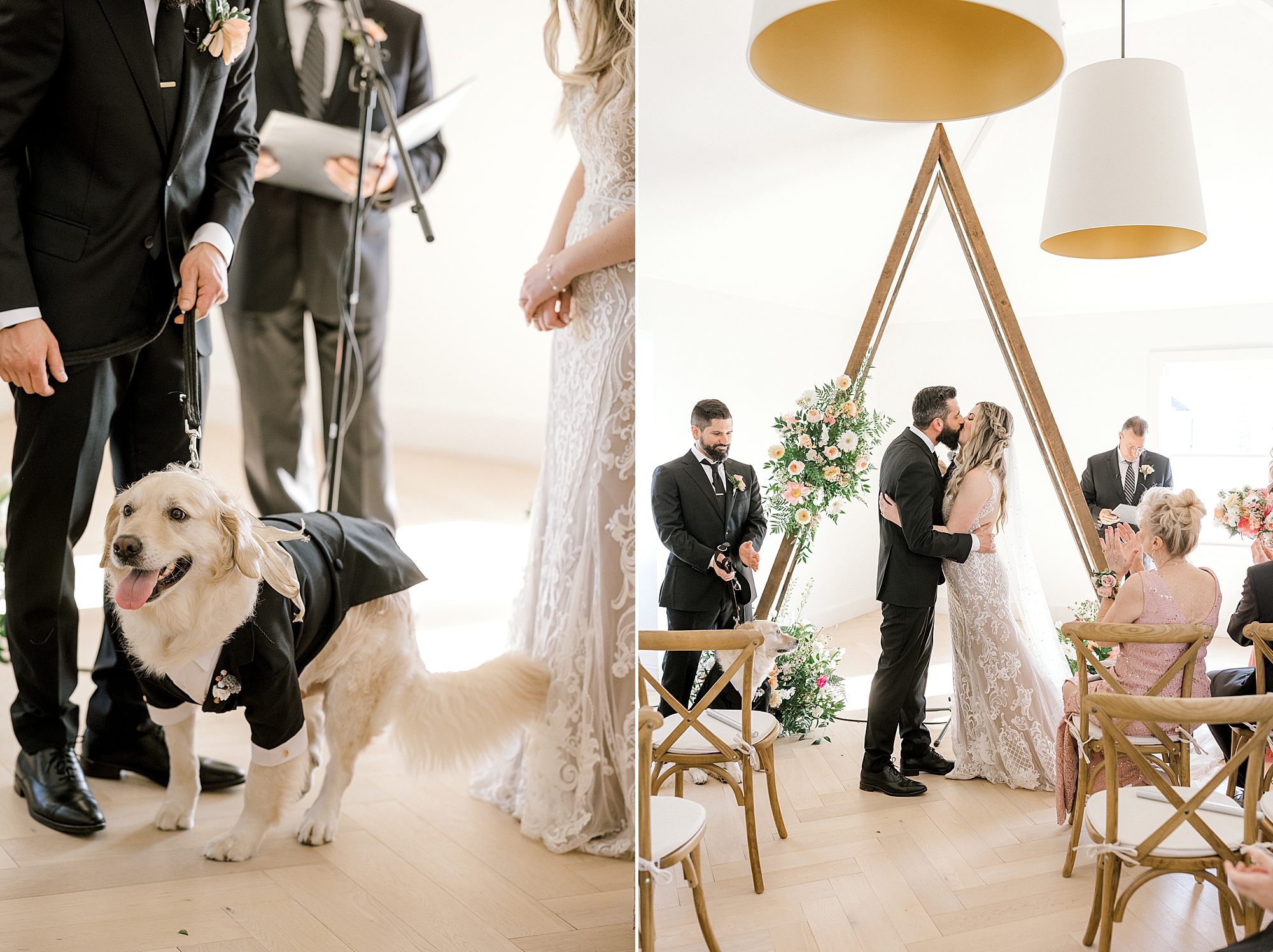 newlyweds kiss while dog in tux looks up aisle at The Townsend Property
