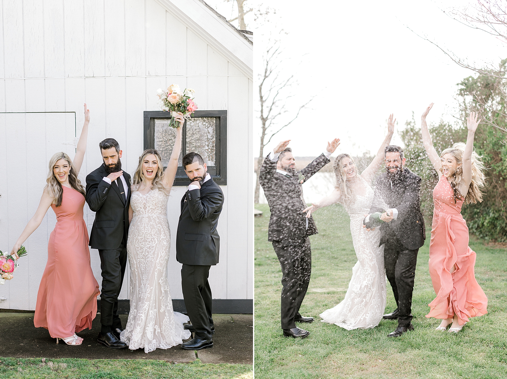 newlyweds cheer with maid of honor and best man