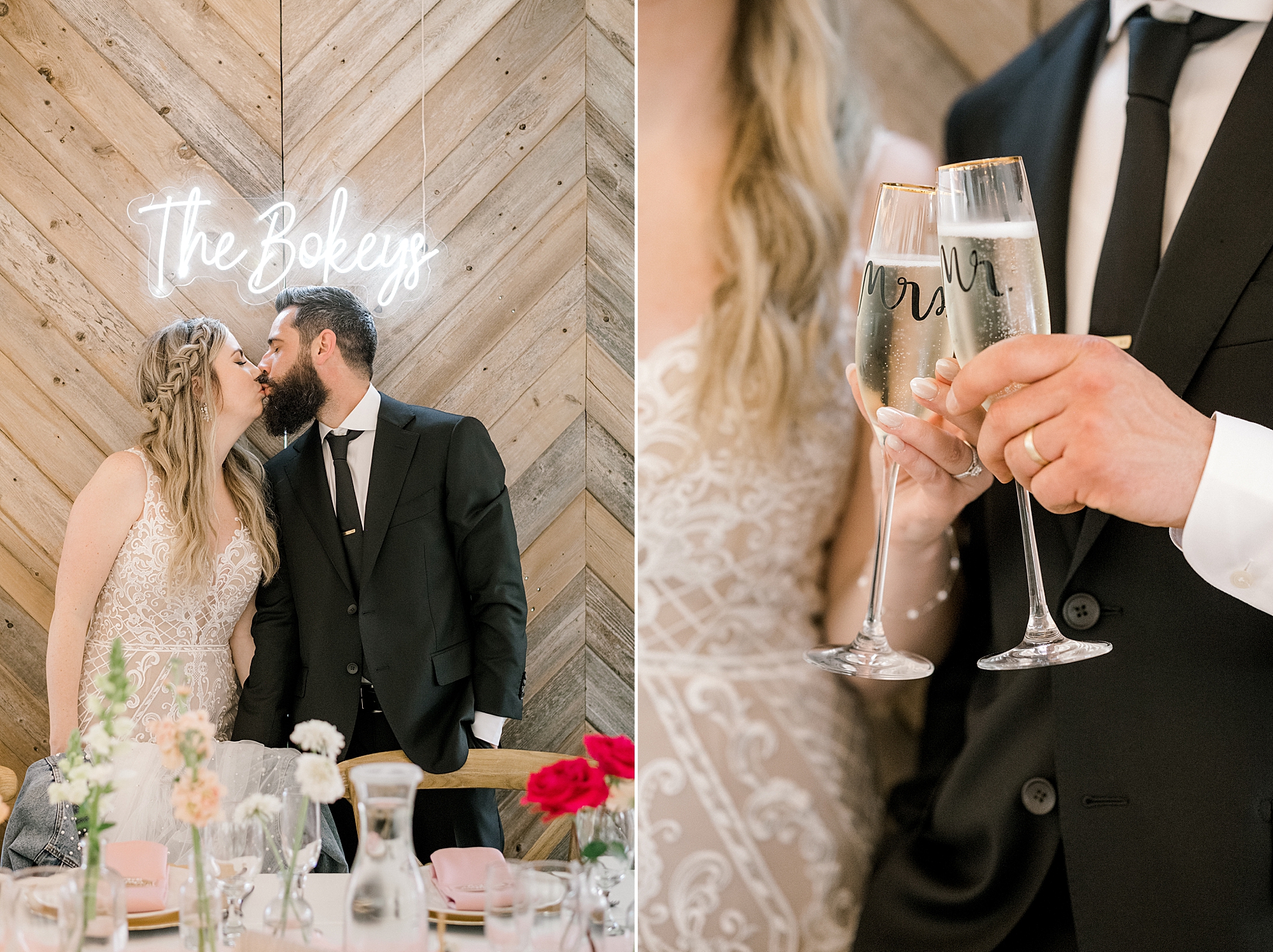 bride and groom kiss toasting champagne