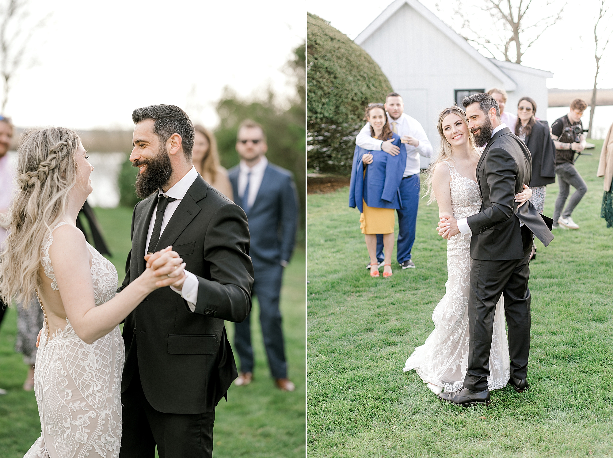 bride and groom have first dance on lawn in New Jersey