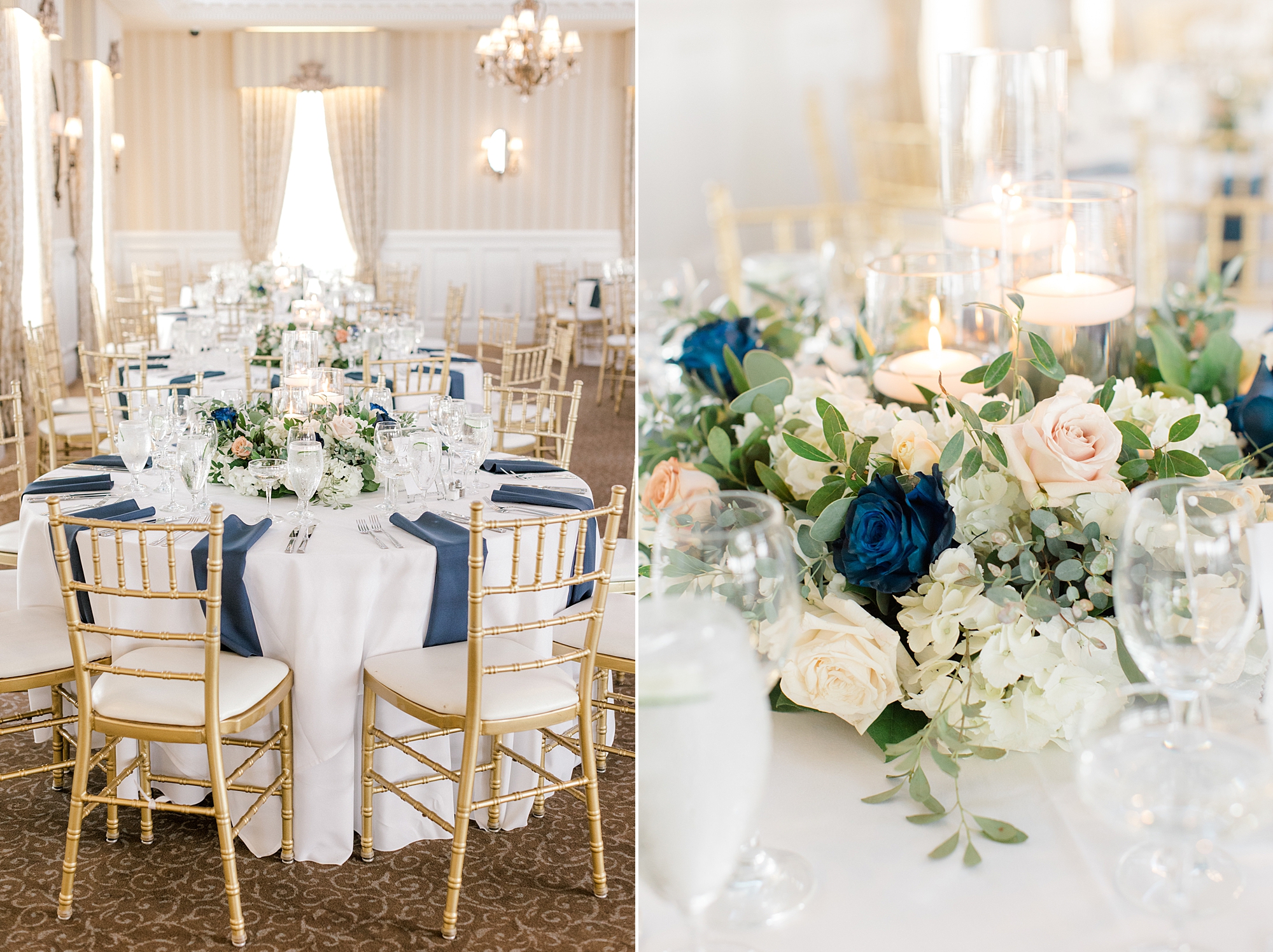 wedding reception with white and blue flower centerpieces at Mallard Island Yacht Club