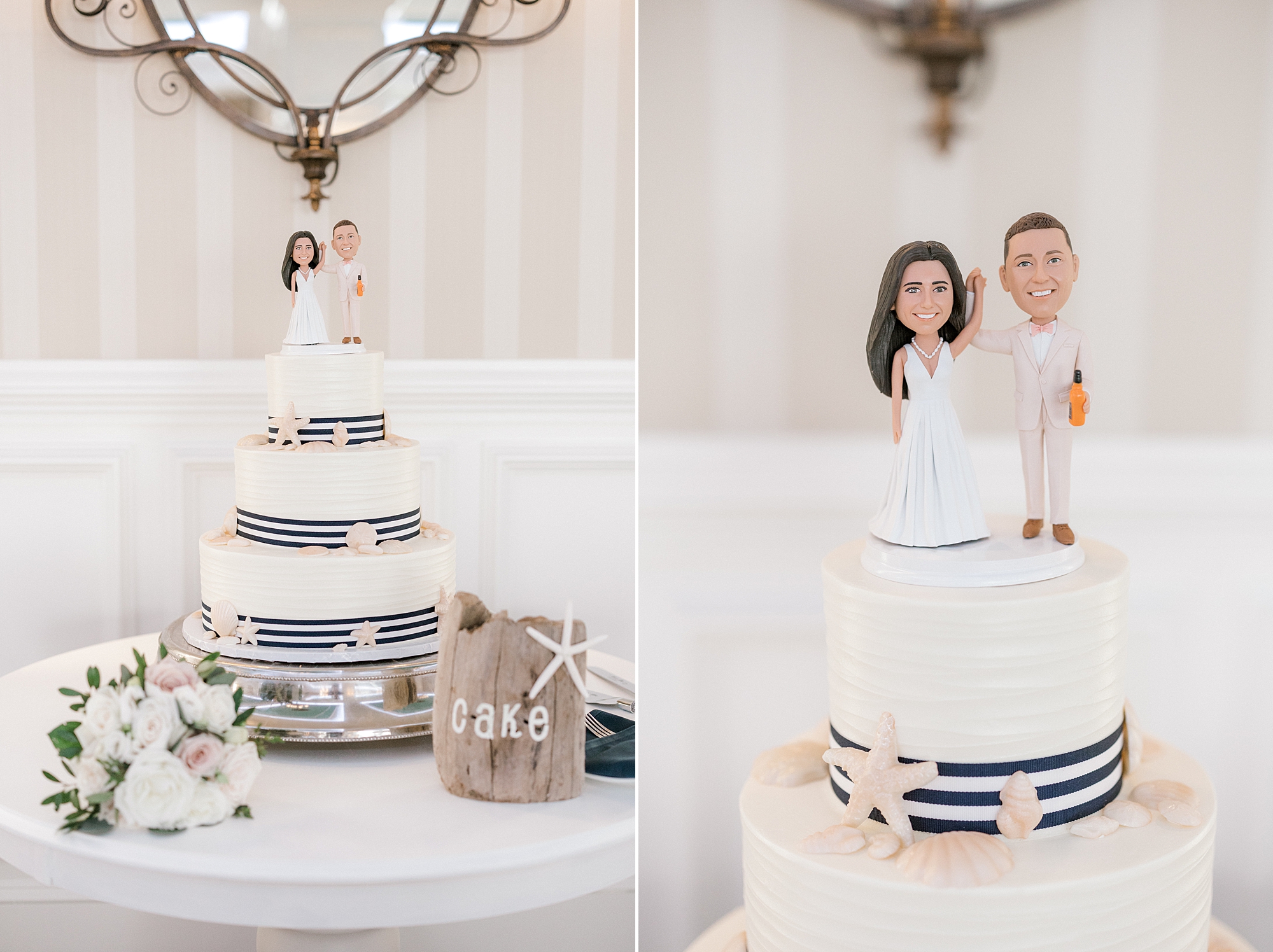 tiered wedding cake with blue ribbons around layers