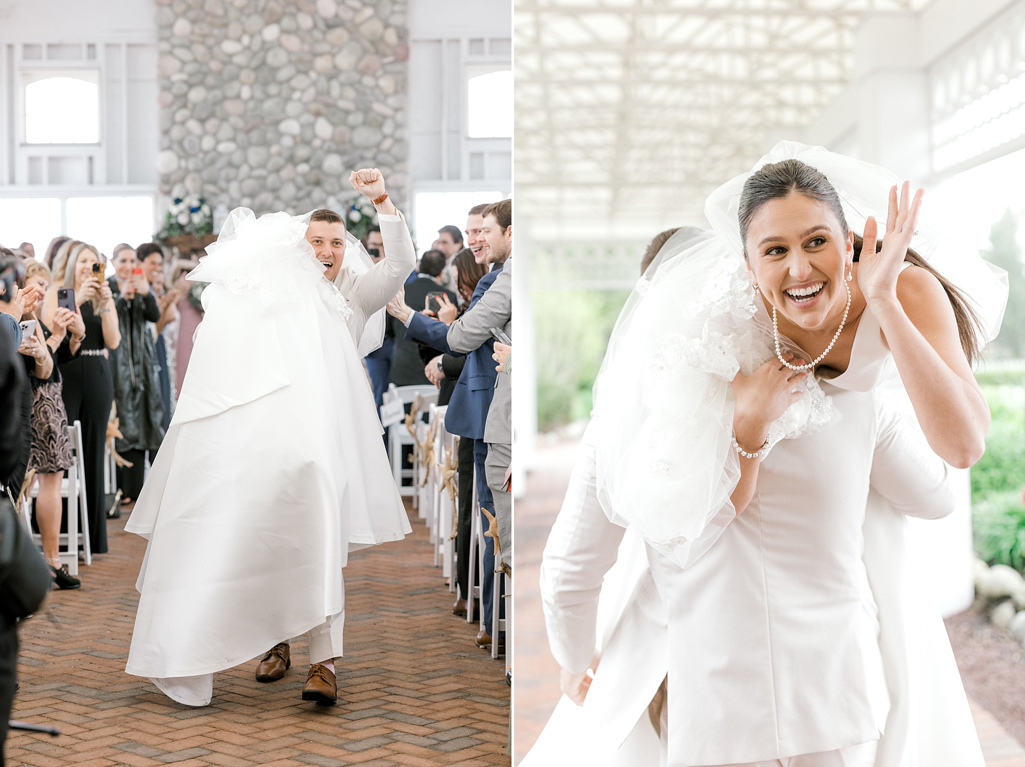 groom carries bride up aisle after wedding ceremony