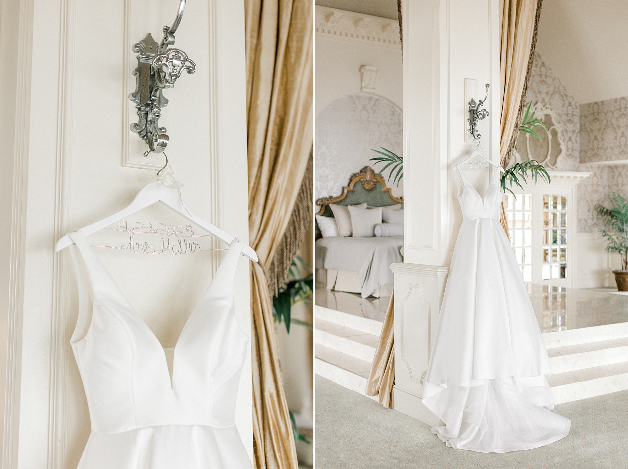 bride's dress hangs on sconce at Mallard Island Yacht Club suite