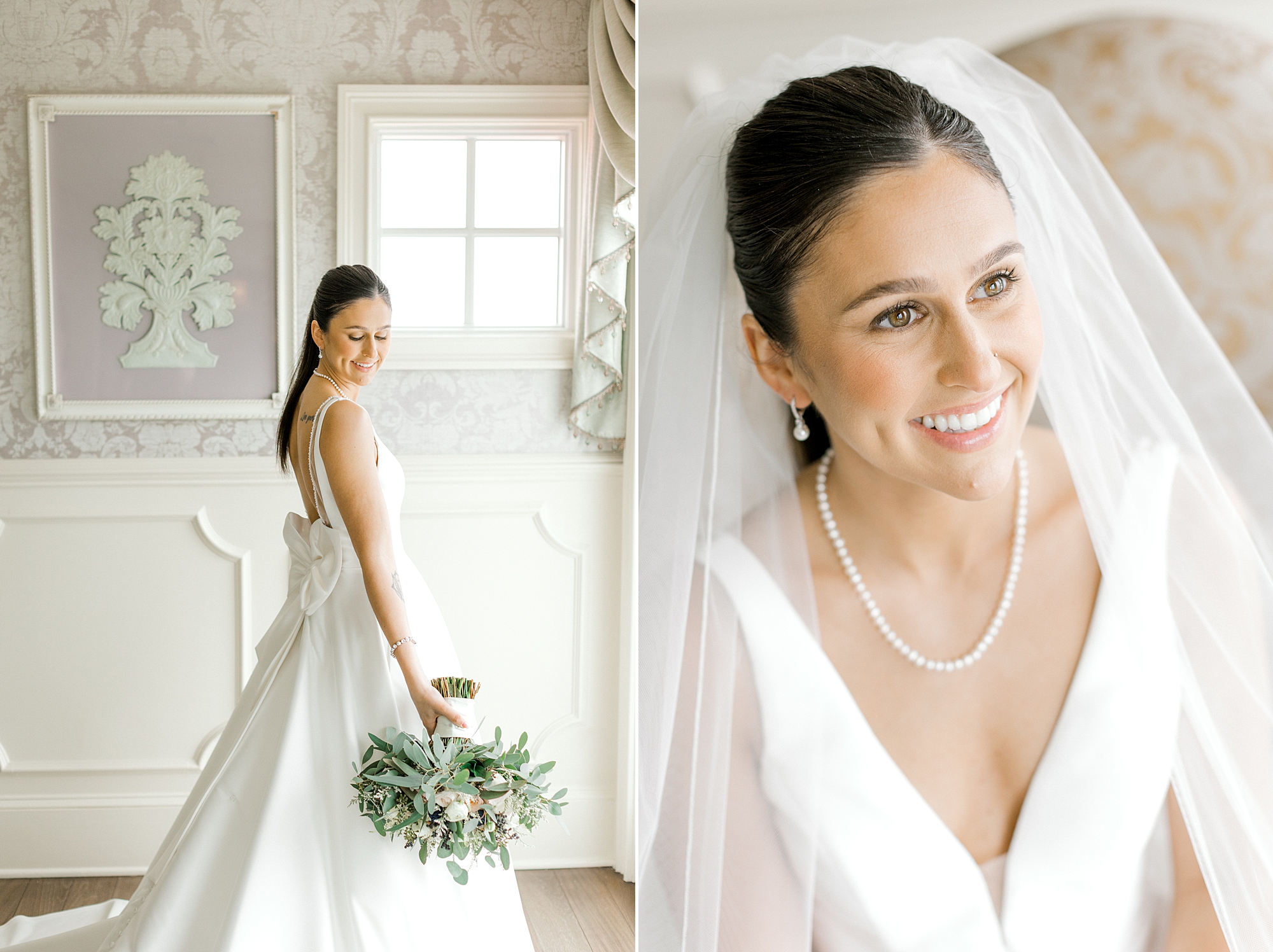 bride sits in classic wedding gown with v-neck and veil around shoulders