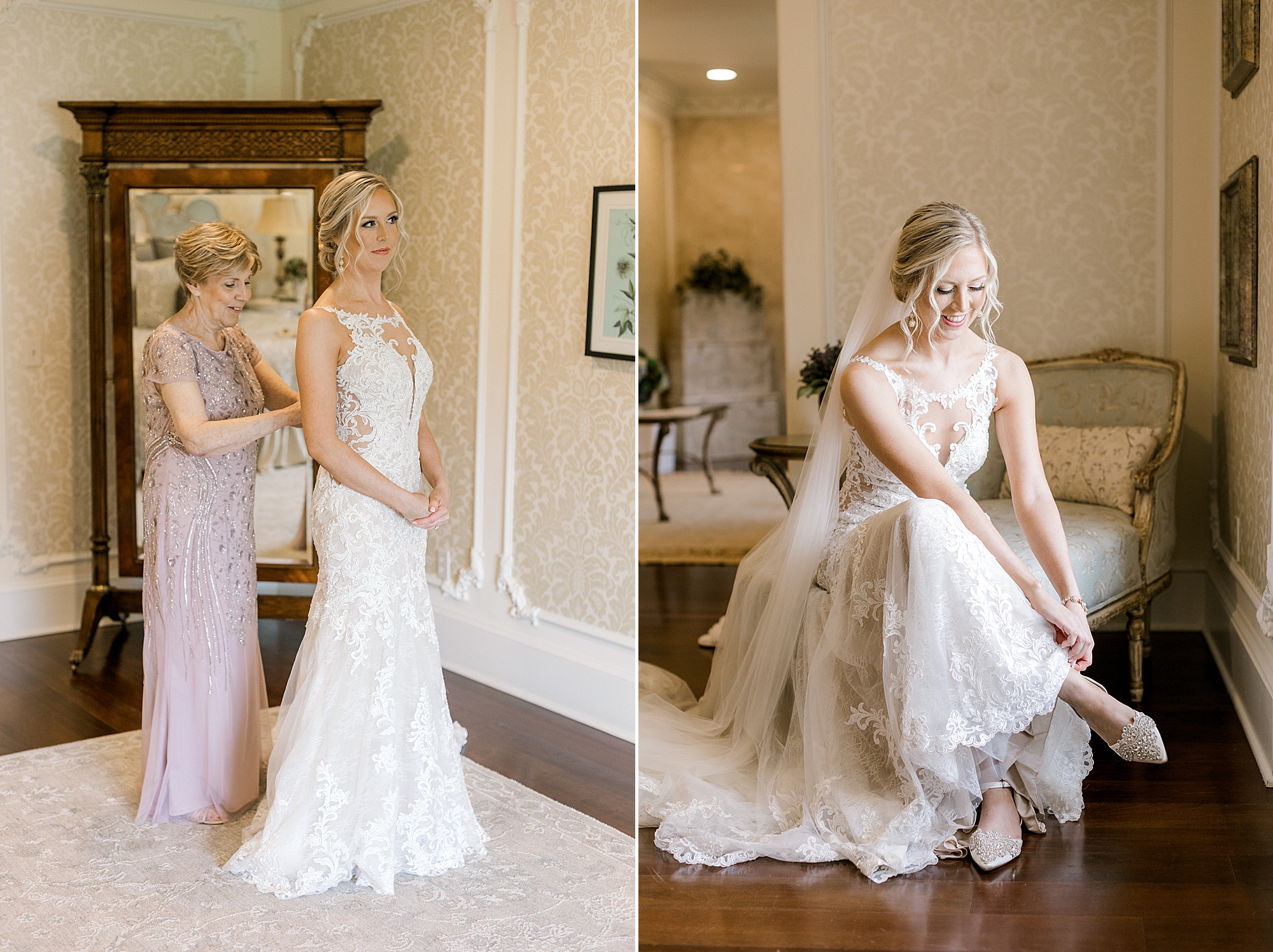 mother helps bride with wedding gown in suite at the Ashford Estate
