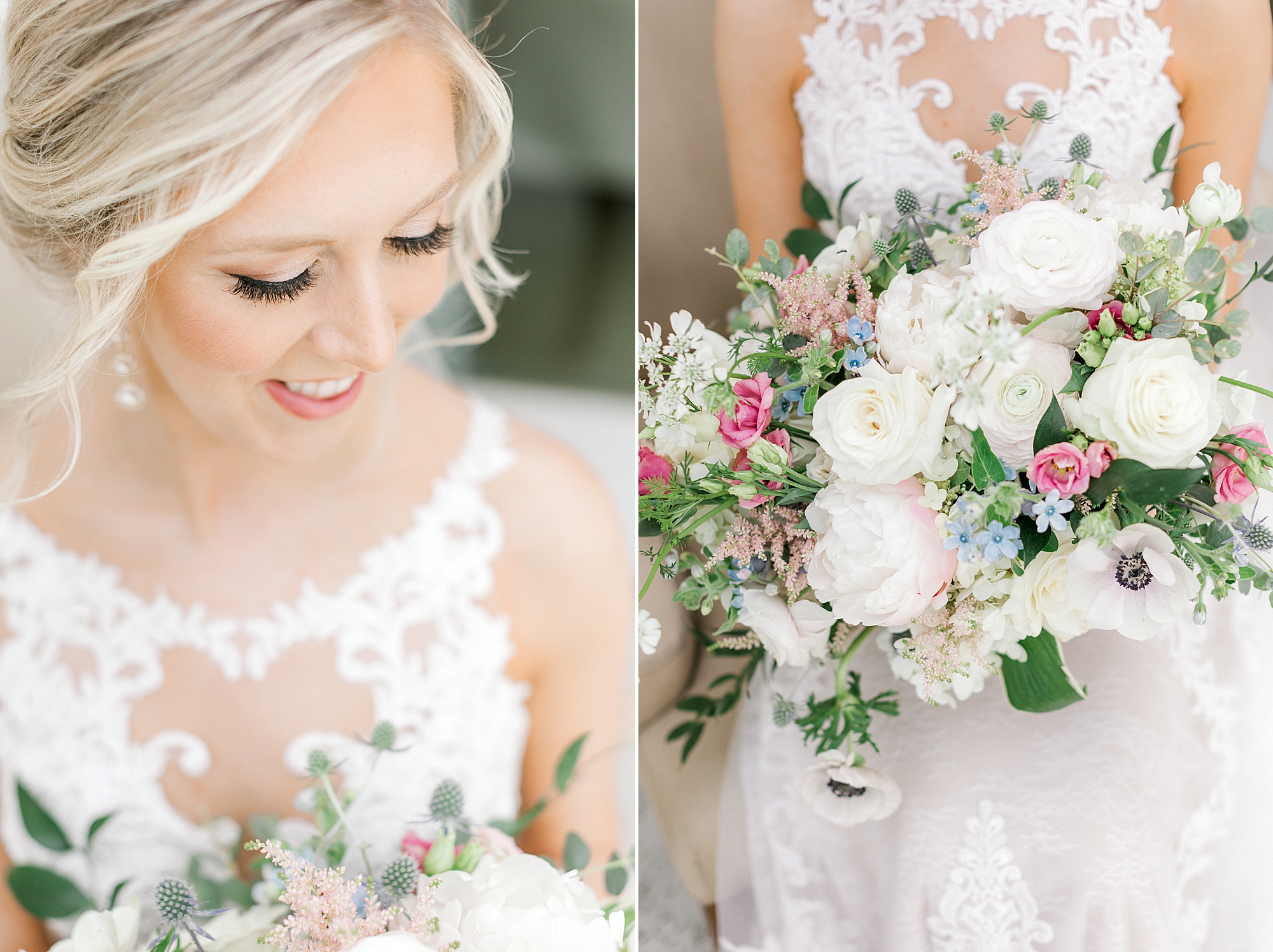 bride sits looking at bouquet of white and pink flowers