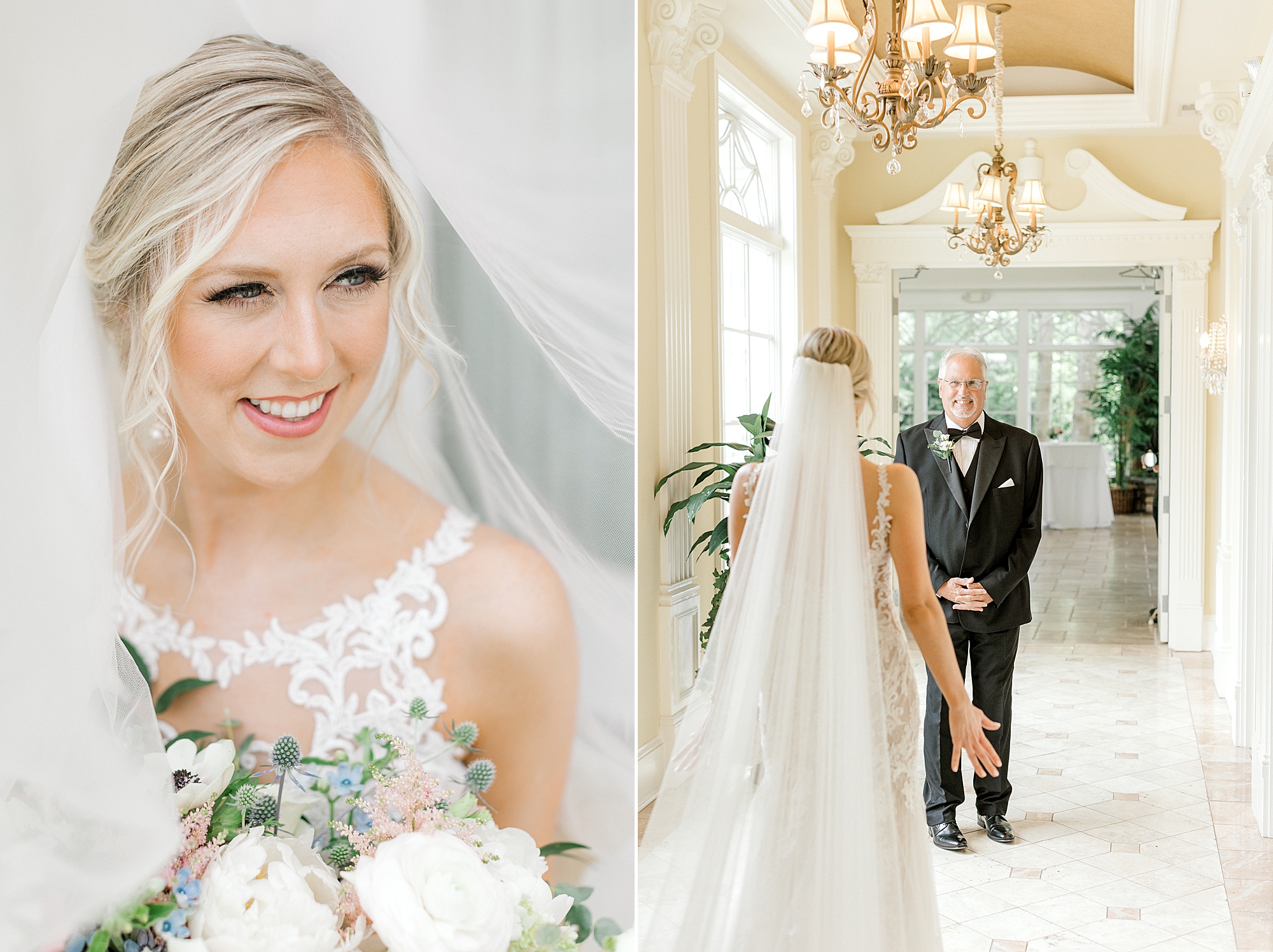 bride smiles under veil meeting father for first look in hallway at the Ashford Estate