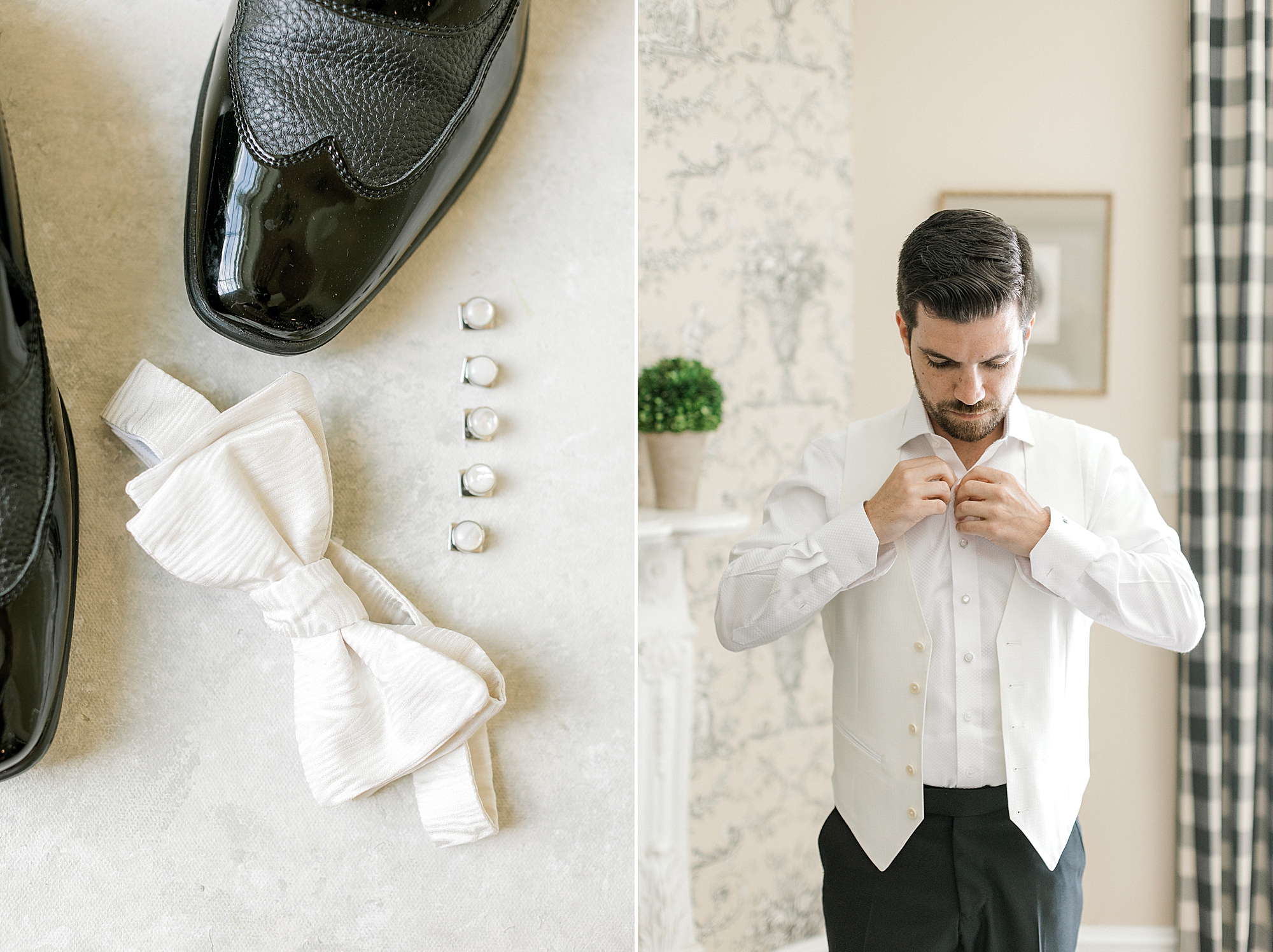 groom adjusts cufflinks before NJ wedding day at the Ashford Estate