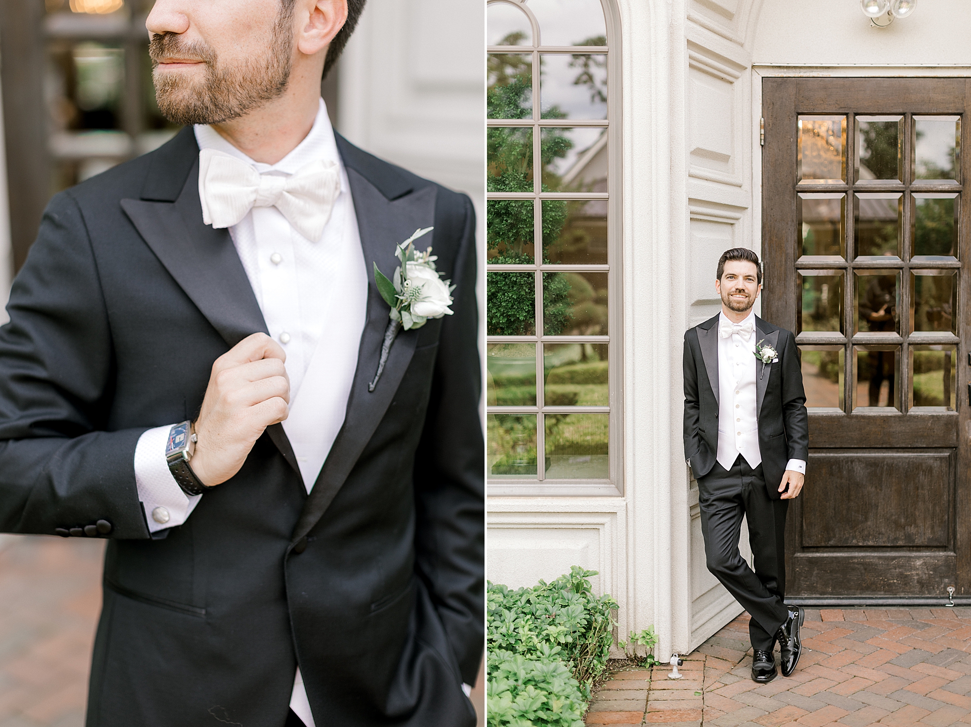 groom holds lapel of black suit outside the Ashford Estate