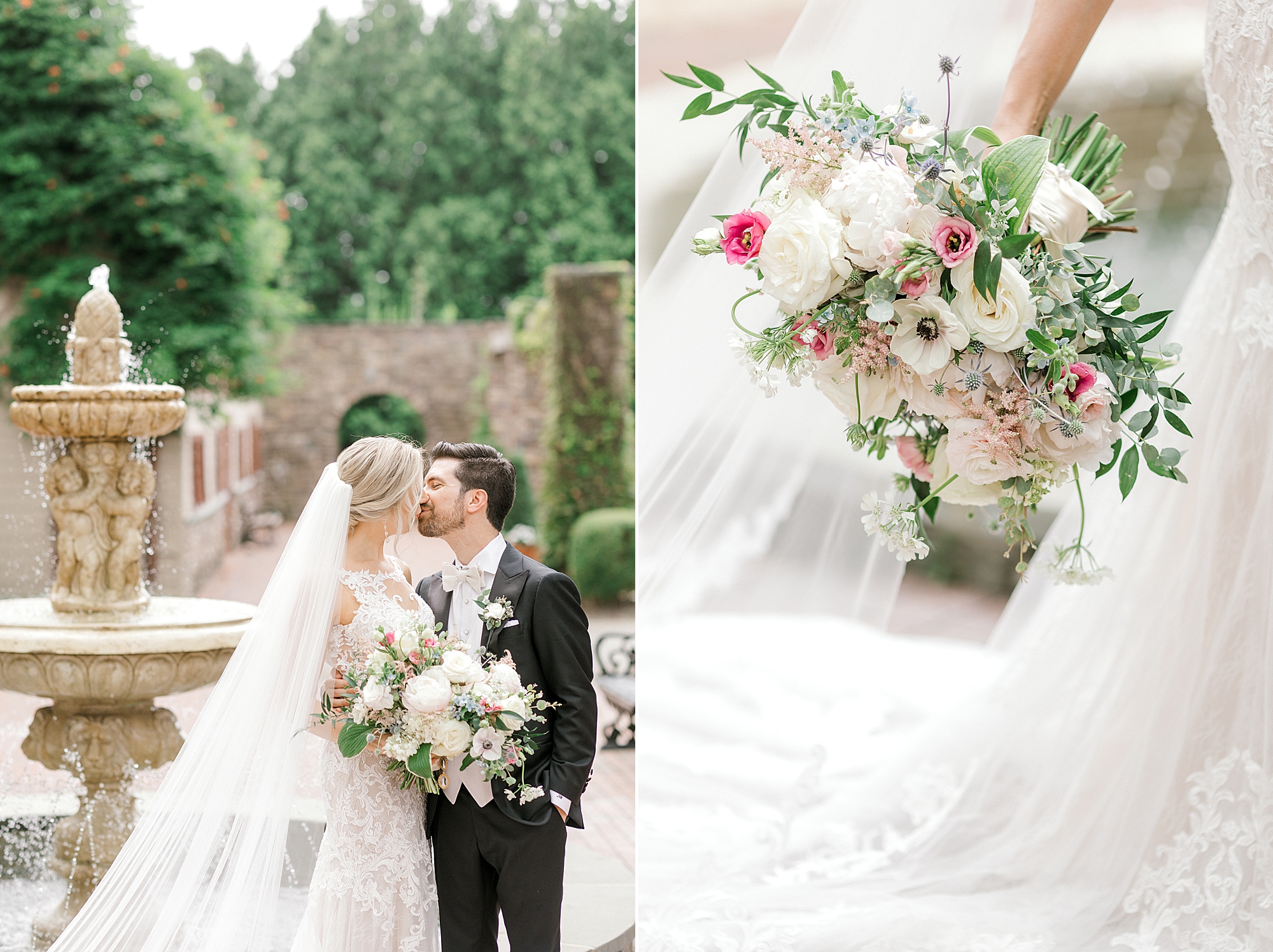 bride and groom kiss while she bolds bouquet on side at the Ashford Estate