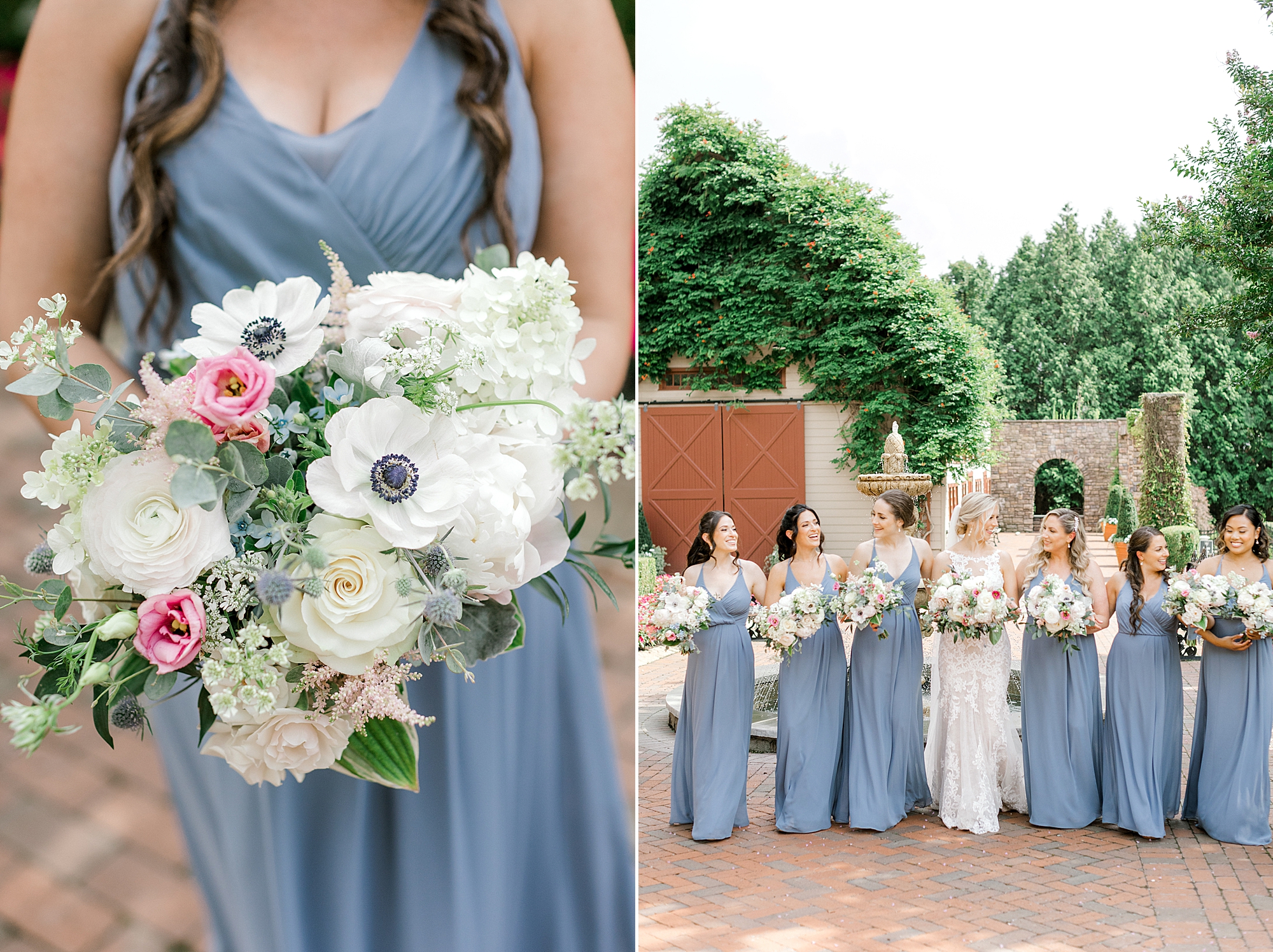 bridesmaid in blue dress holds bouquet of white and pink flowers for summer wedding at the Ashford Estate