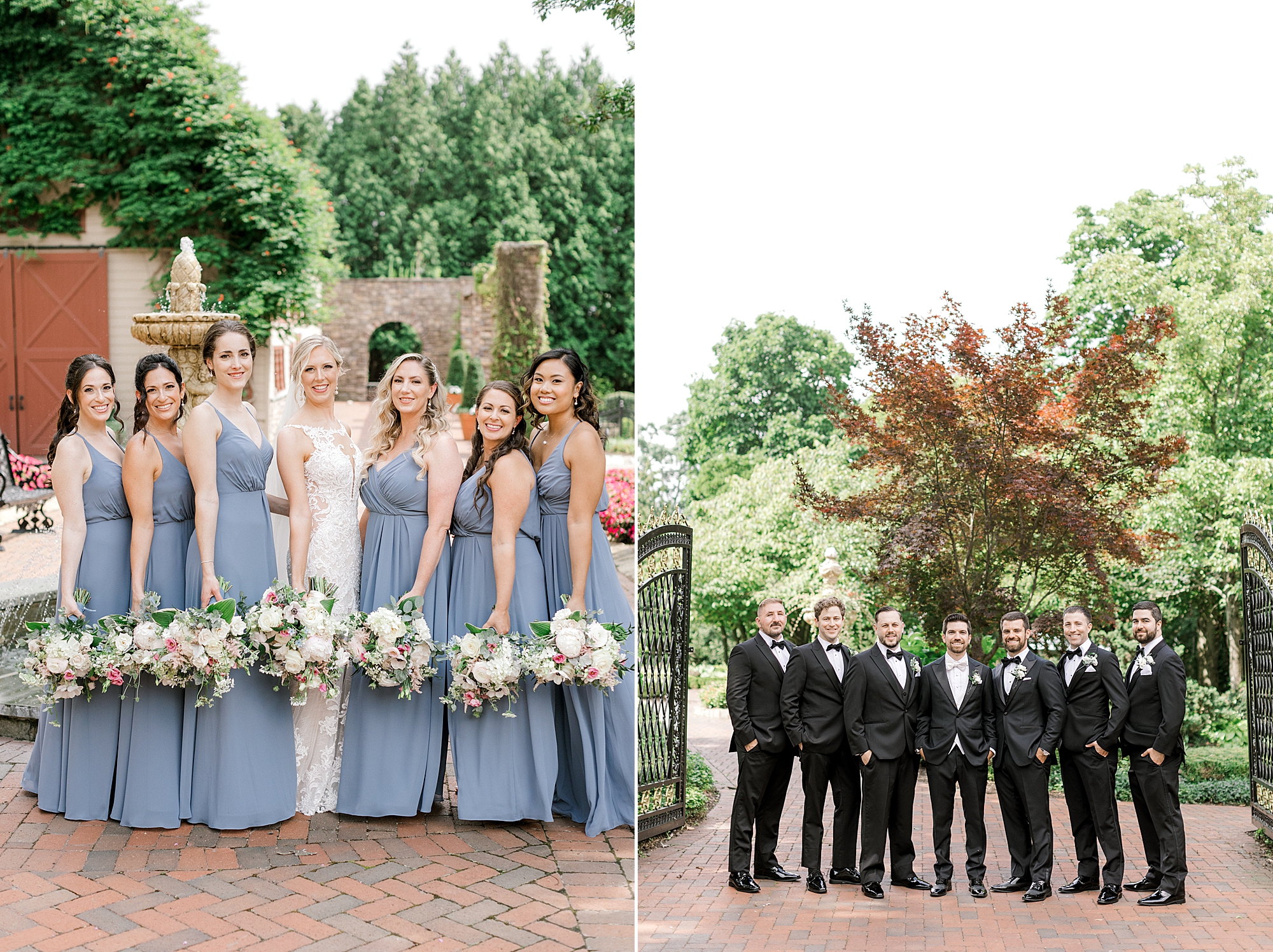 bridesmaids in blue gowns hold pink and white bouquets for classic summer wedding at the Ashford Estate