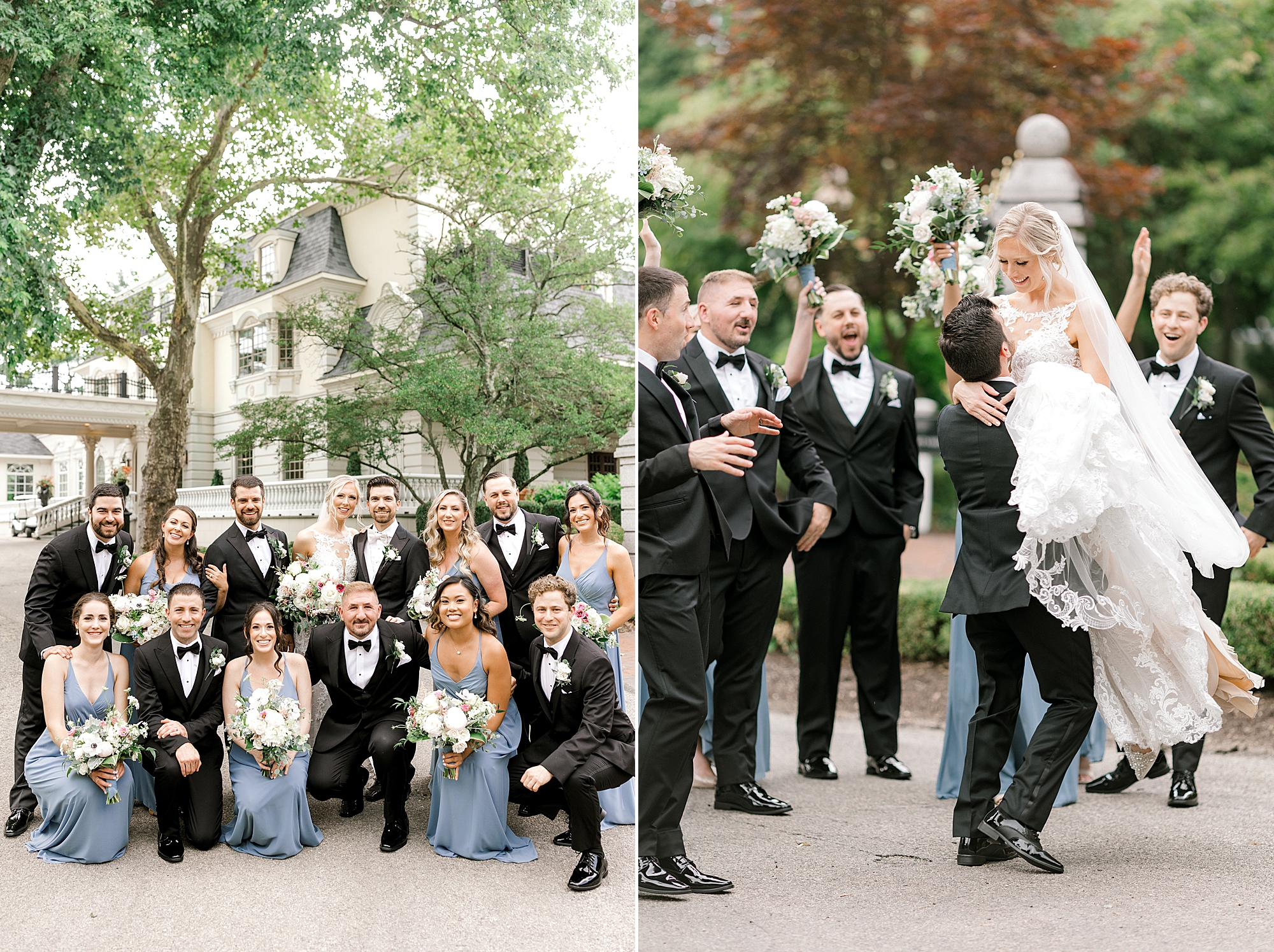 groom lifts up bride during portraits with bridal party at the Ashford Estate