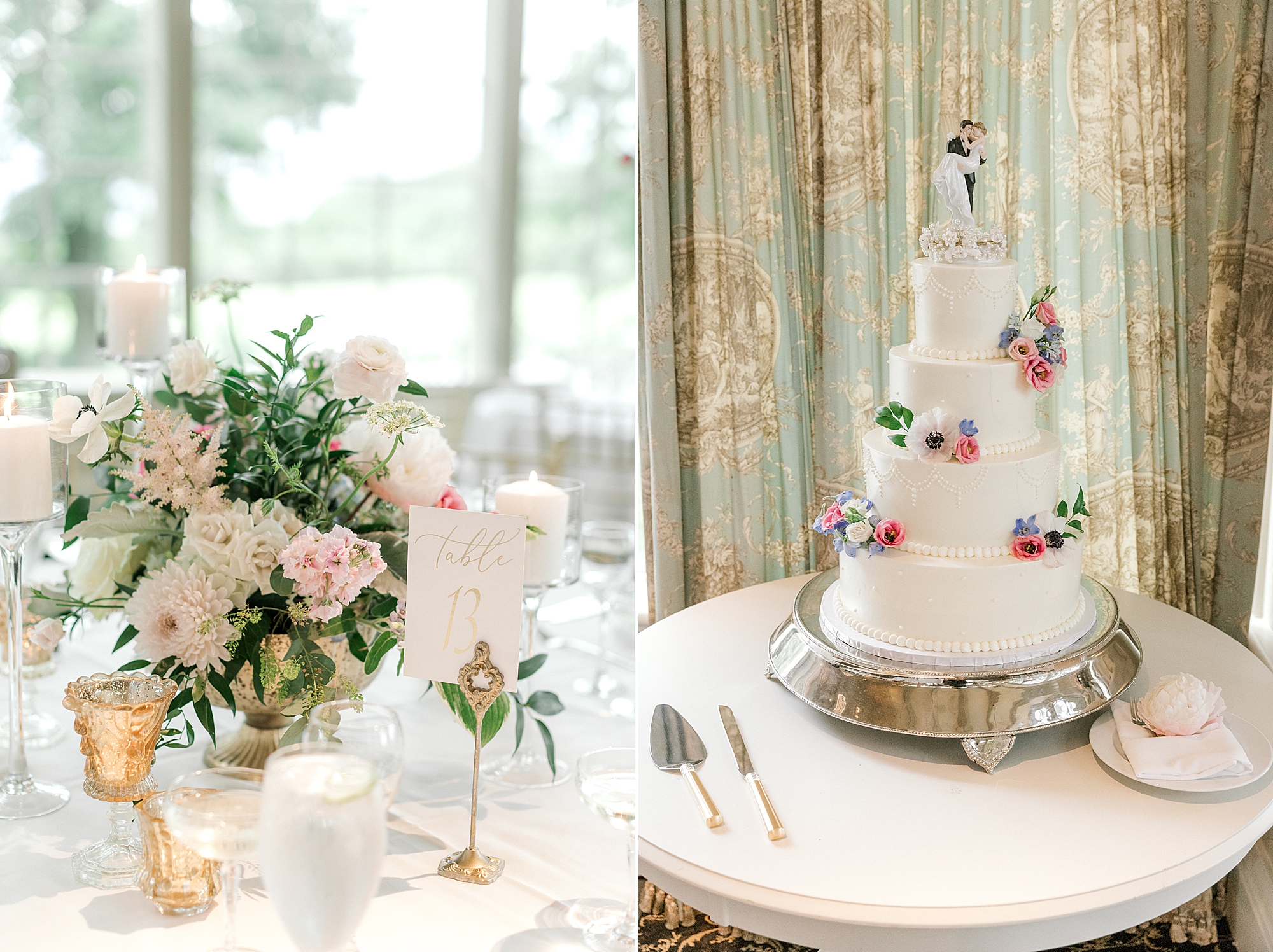 pink and white floral centerpieces with tiered wedding cake for classic Sumer wedding reception at the Ashford Estate
