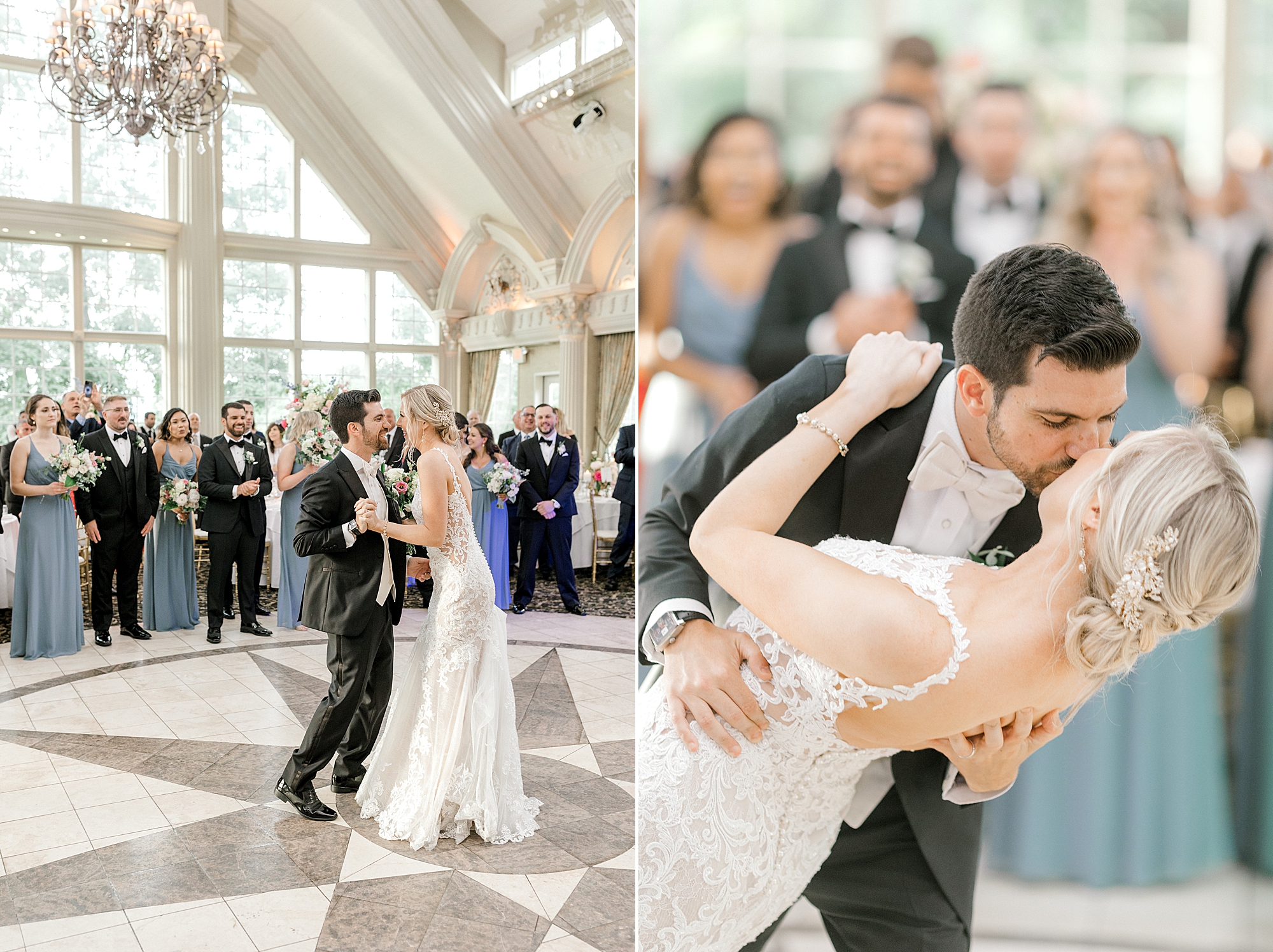 bride and groom kiss dipping on dance floor during NJ wedding reception