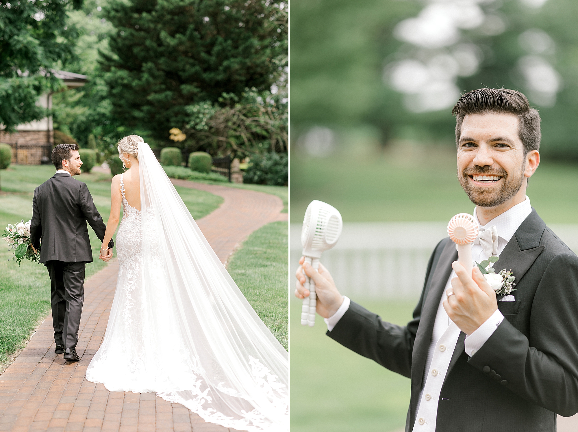 groom holds two fans during portraits at the Ashford Estate