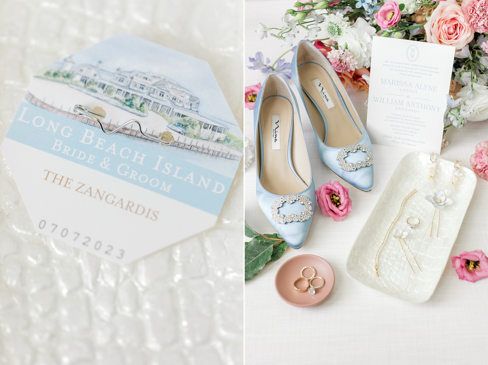 bride's blue shoes and custom favors