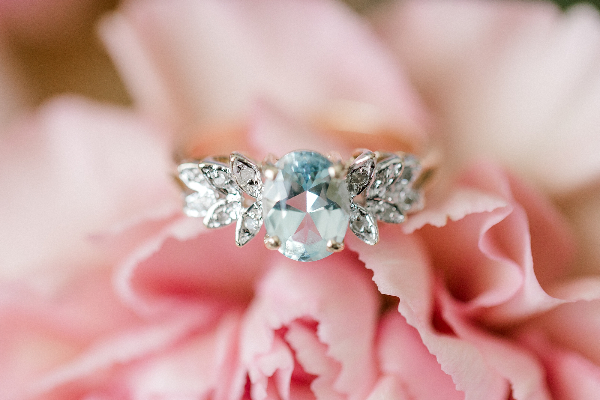 engagement and wedding ring on pink peony