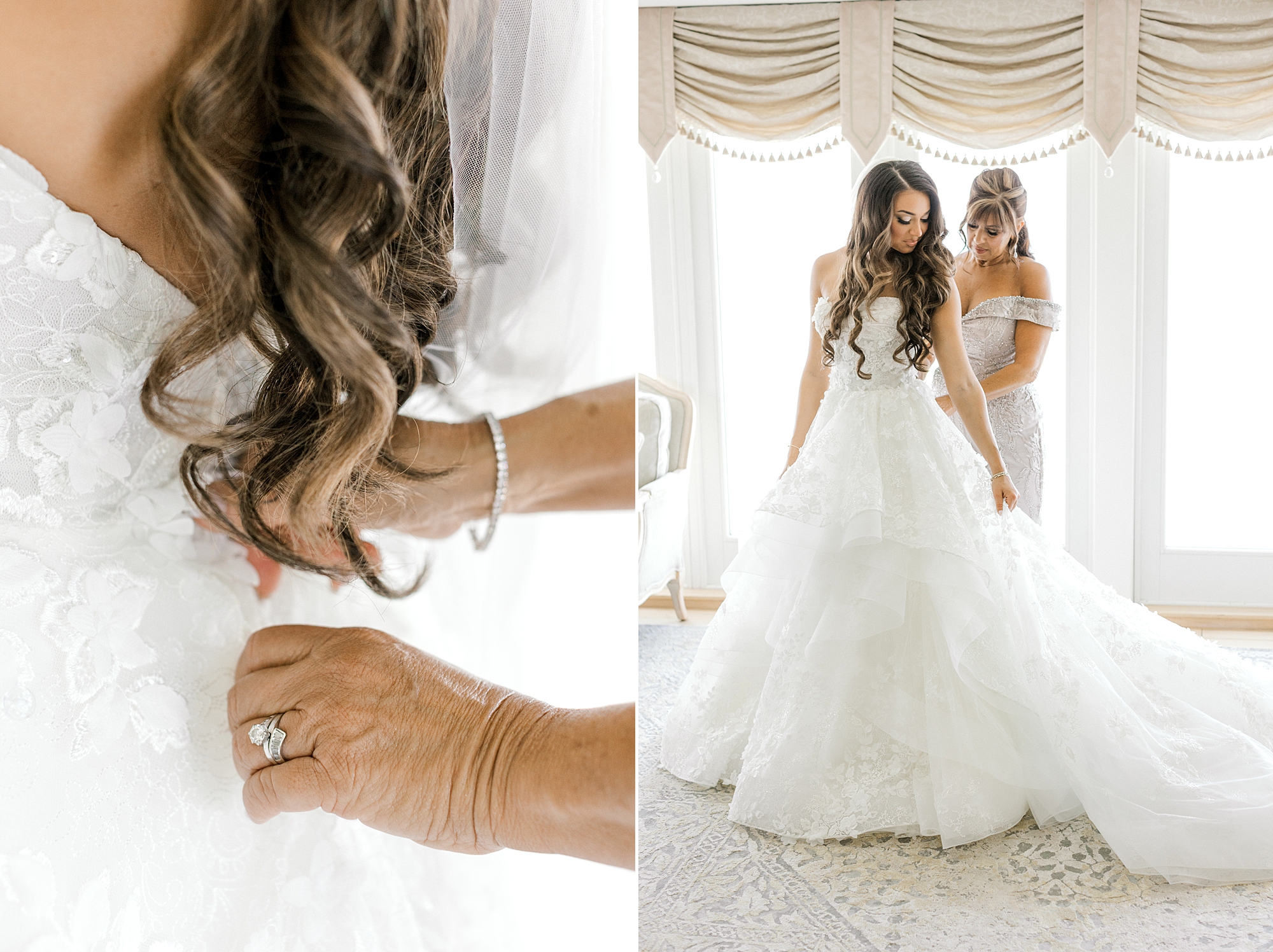 mother helps bride into strapless wedding gown in suite at Bonnet Island Estate