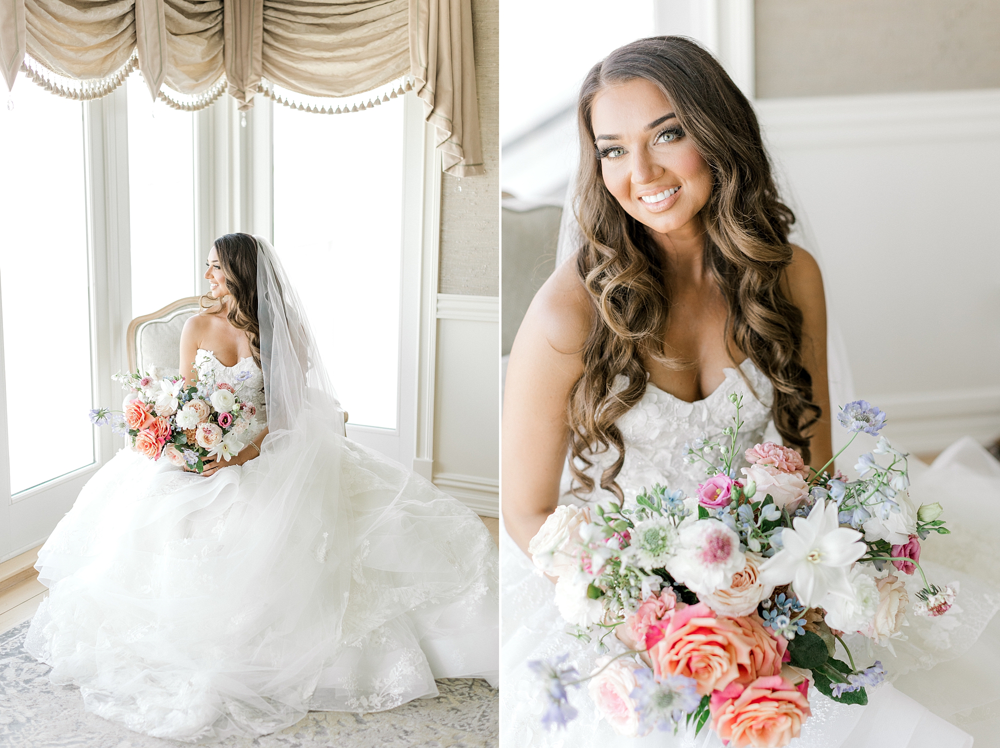 bride sits on ivory couch holding bouquet of peach and white flowers