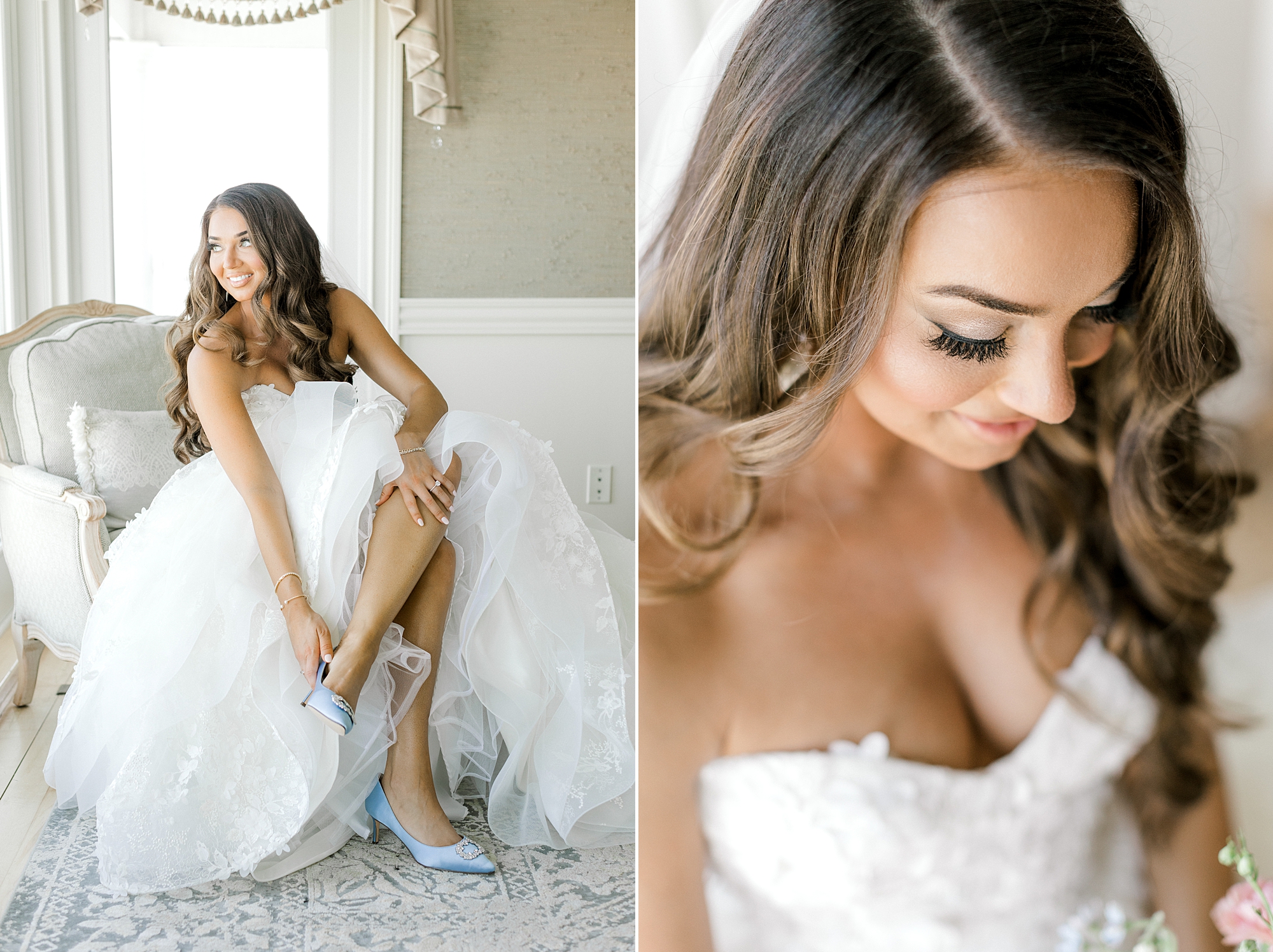 bride sits in strapless wedding gown putting on blue shoes at Bonnet Island Estate