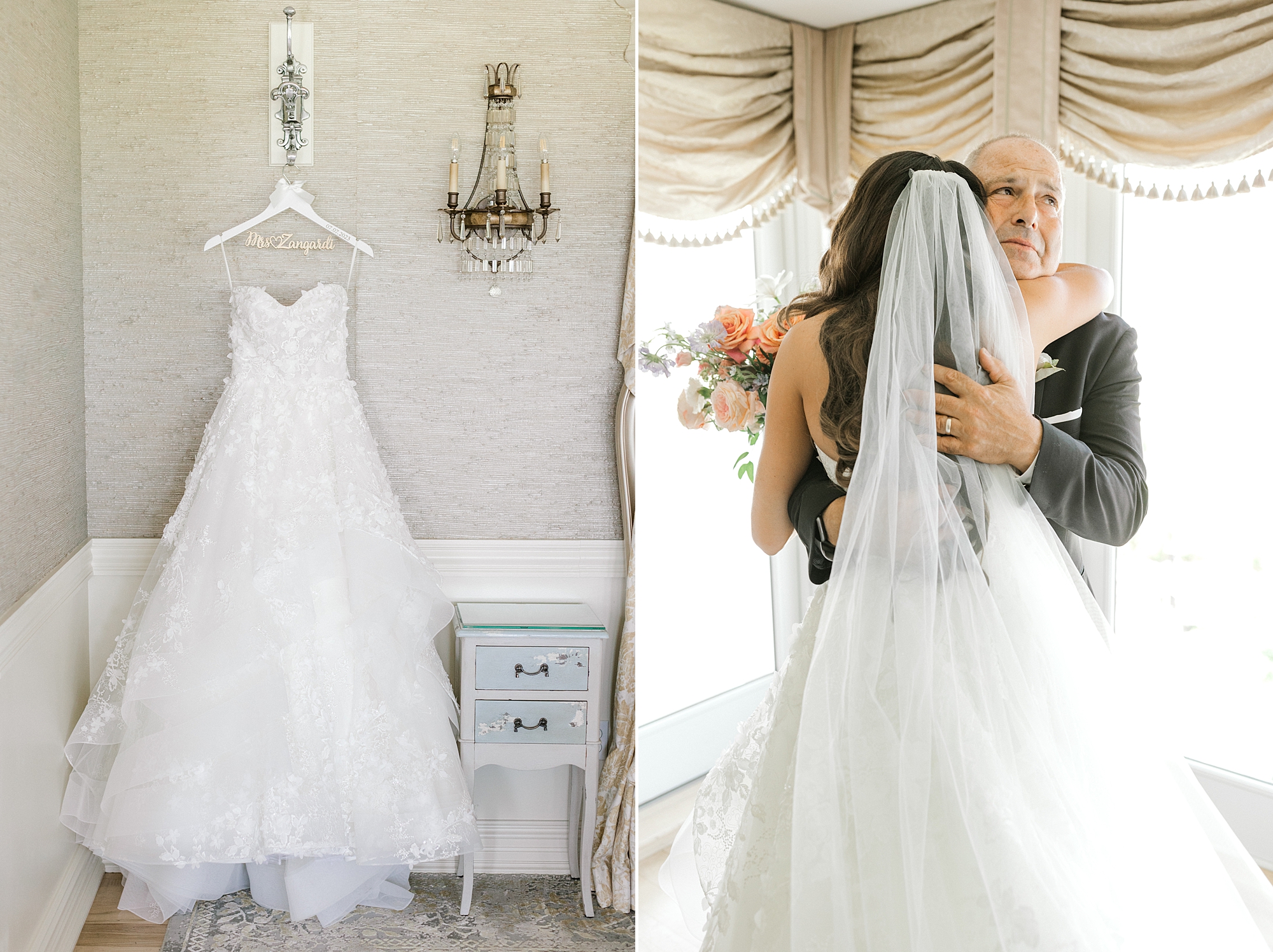 bride hugs father during first look at Bonnet Island Estate