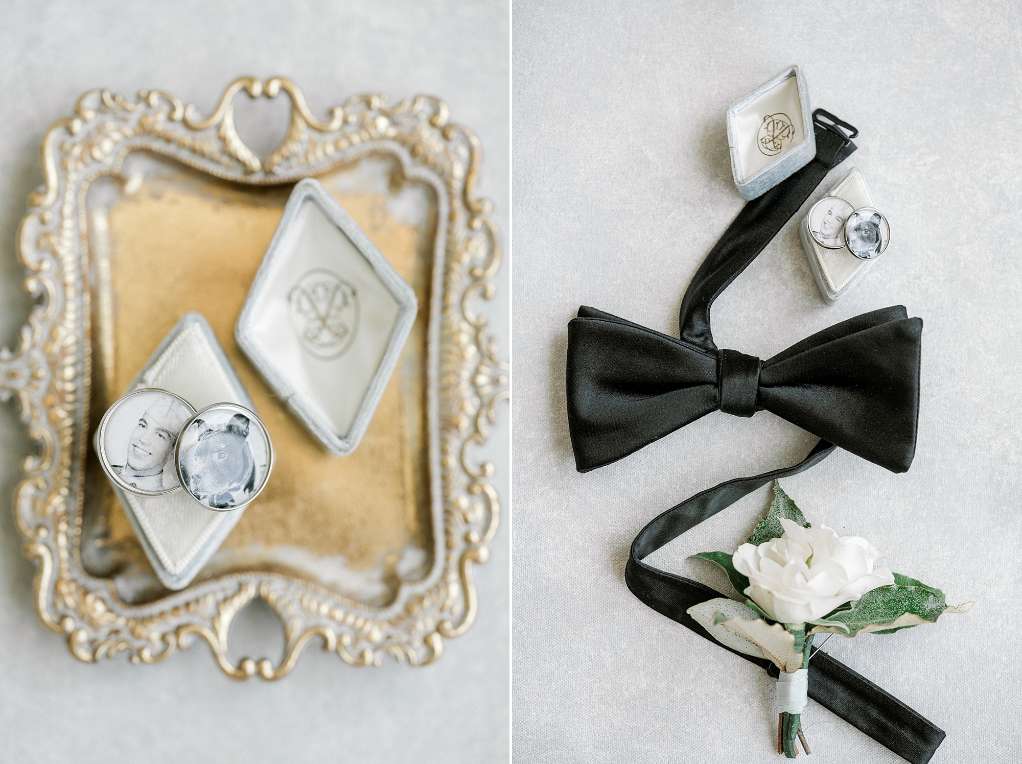 groom's cufflinks and black tie lay with white boutonnière