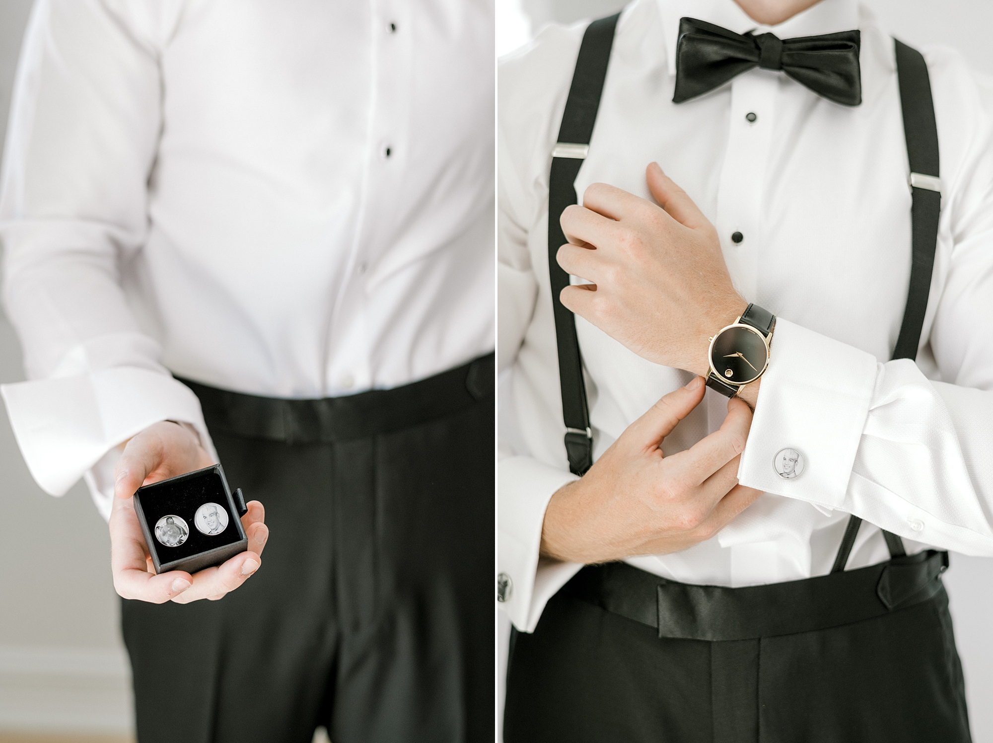 groom puts on watch and holds out custom cufflinks