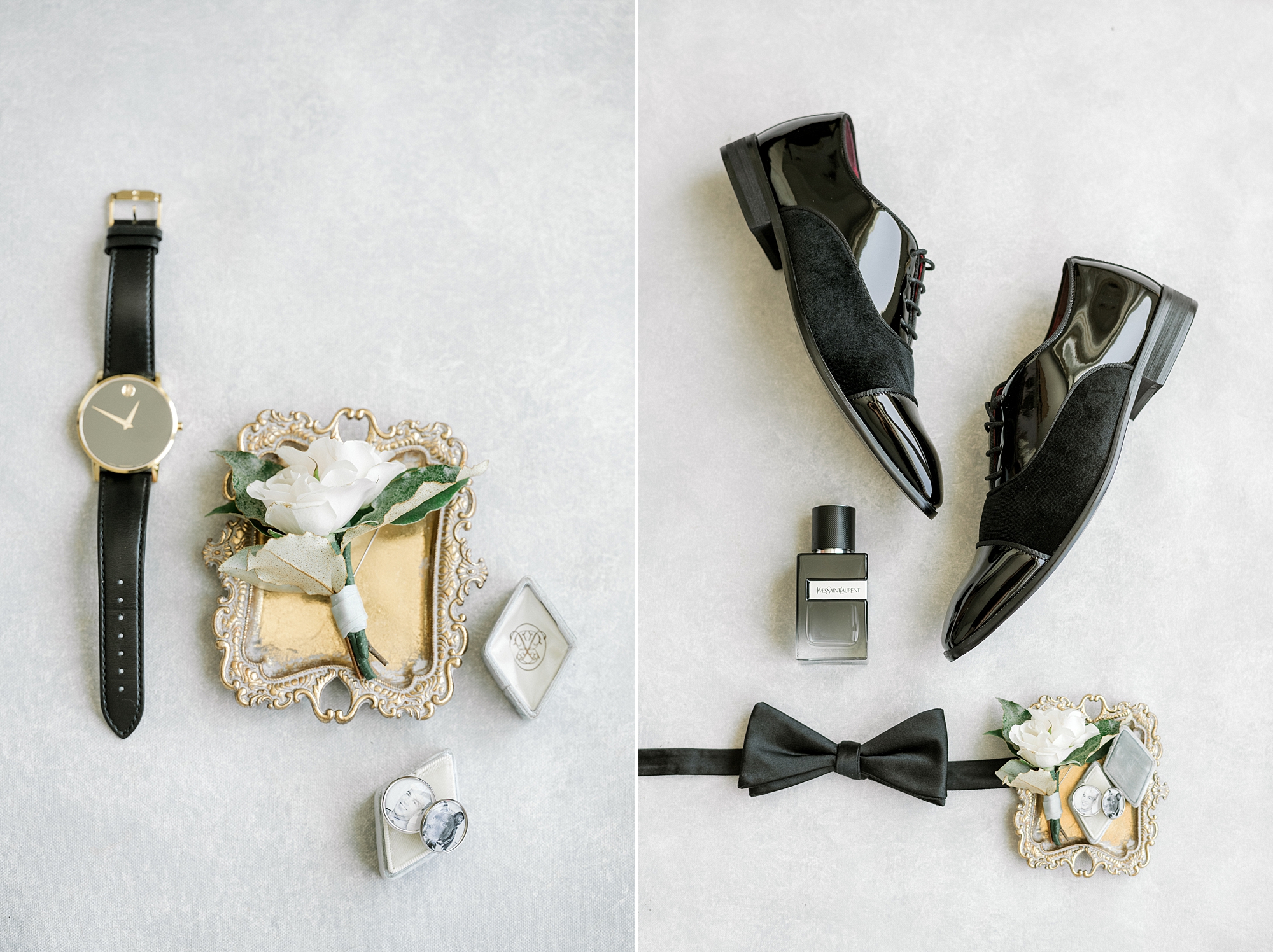 groom's black shoes, bowtie, and cologne