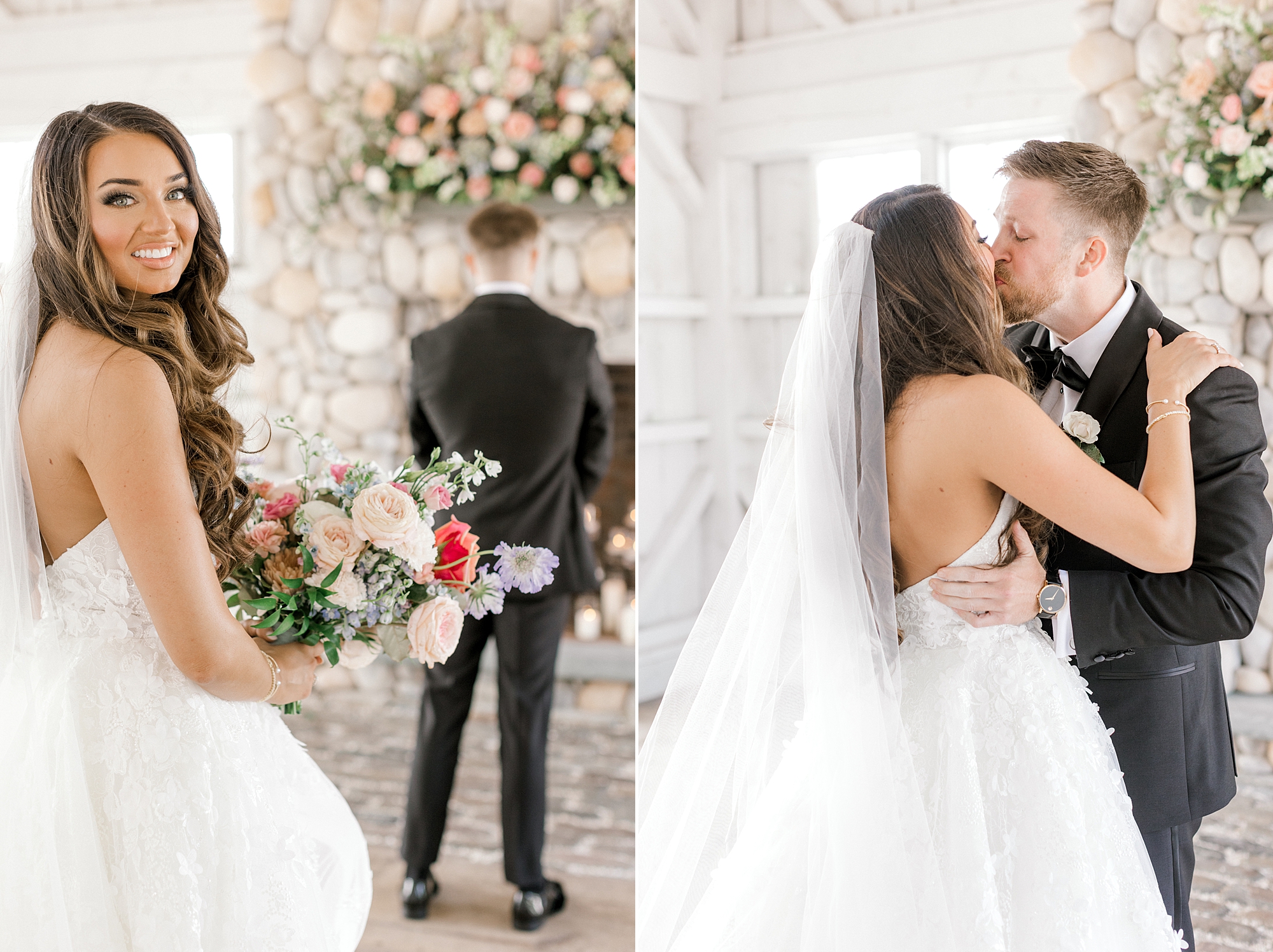 groom kisses bride during first look by stone fireplace at Bonnet Island Estate