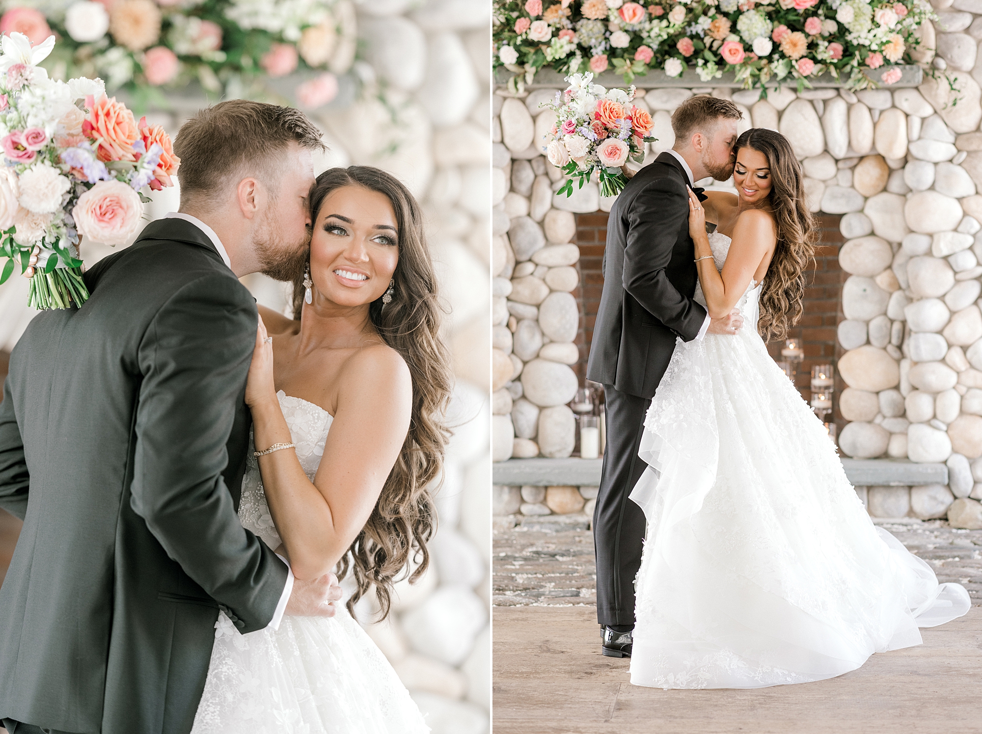 groom leans to kiss bride's cheek in front of stone fireplace at Bonnet Island Estate