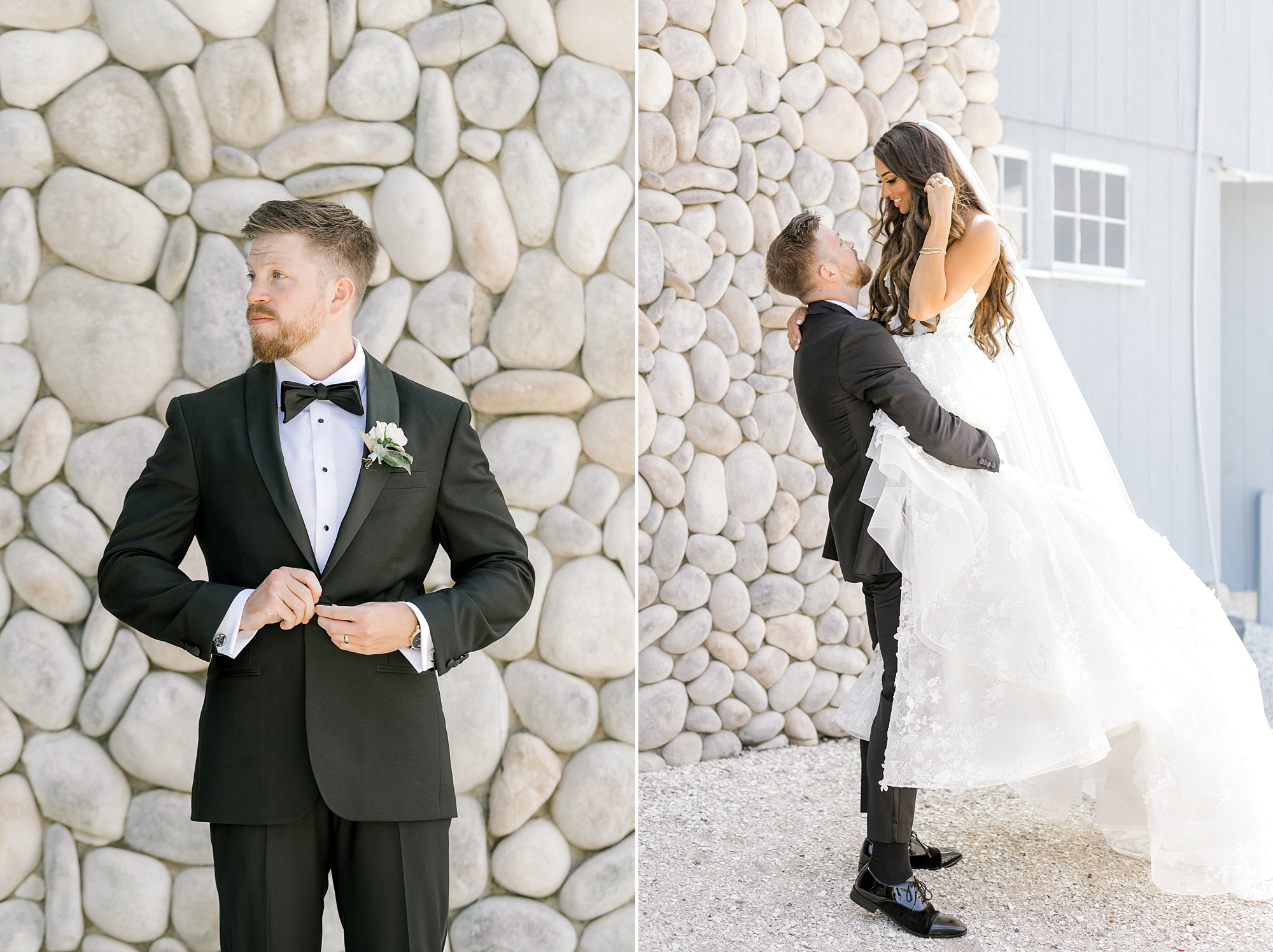groom lifts bride in front of stone wall at Bonnet Island Estate