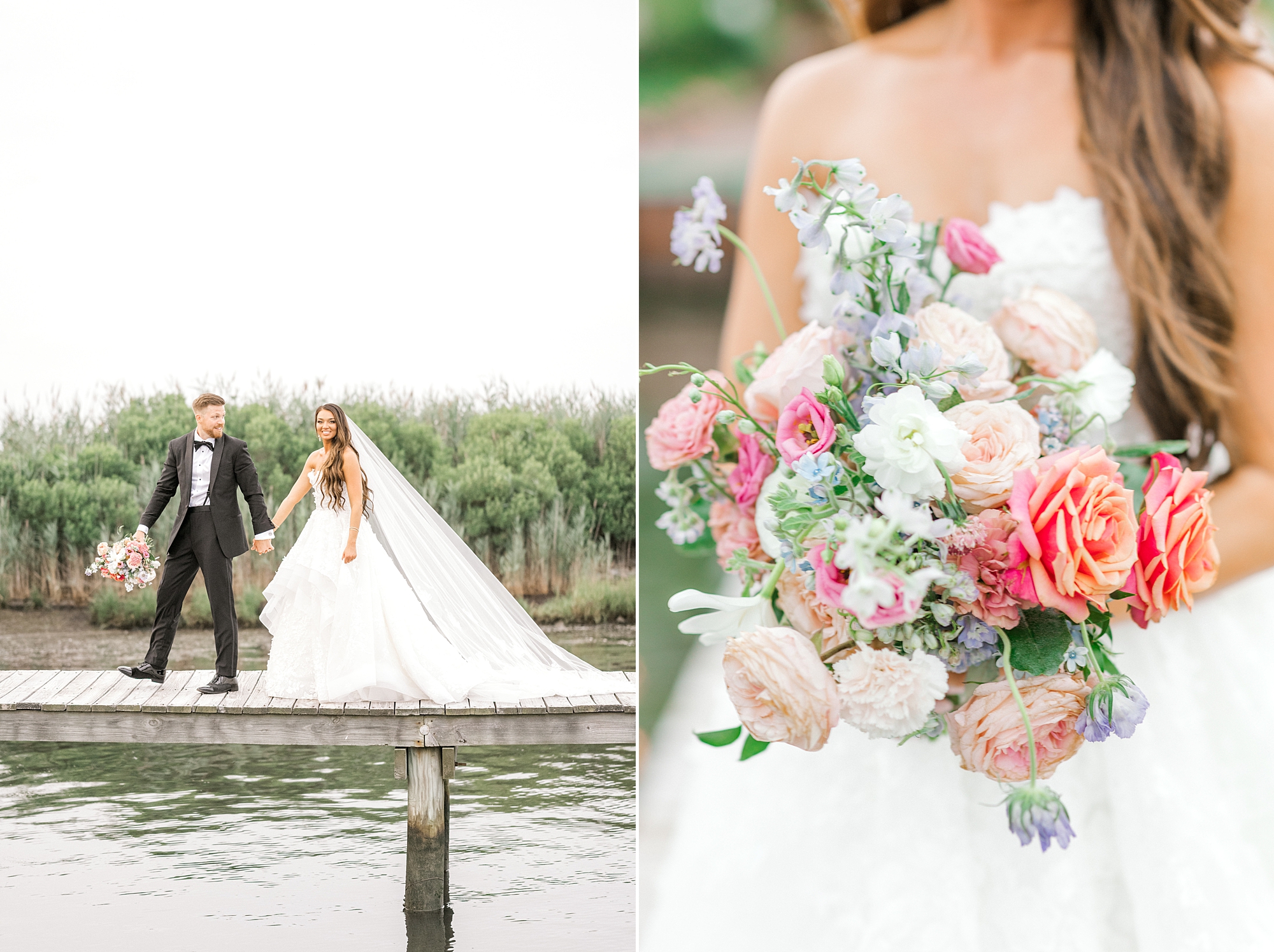 bride holds bouquet of pink and white flowers walking on pier with groom