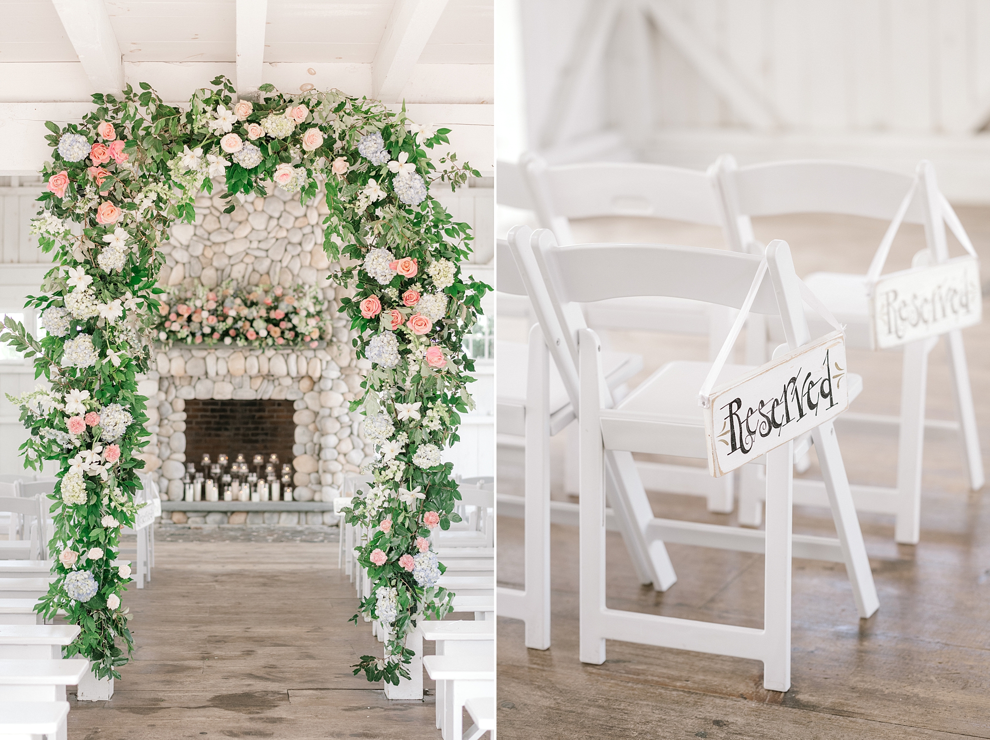 ceremony site in barn at Bonnet Island Estate with flower arbor