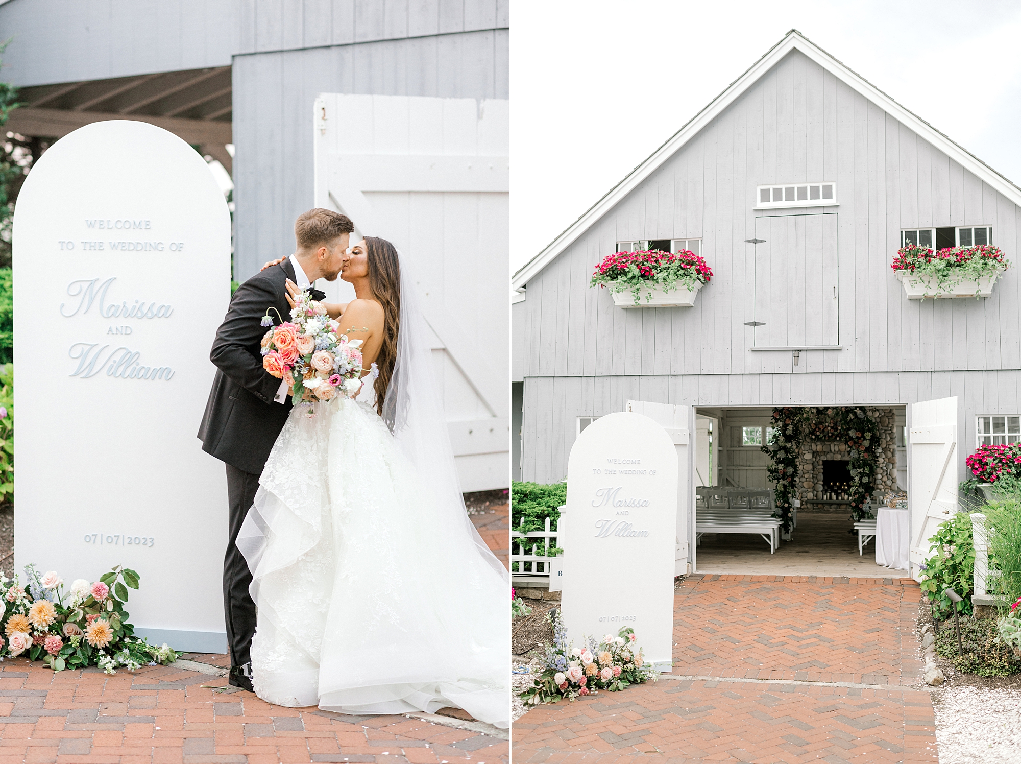 bride and groom kiss near custom welcome sign outside barn at Bonnet Island Estate