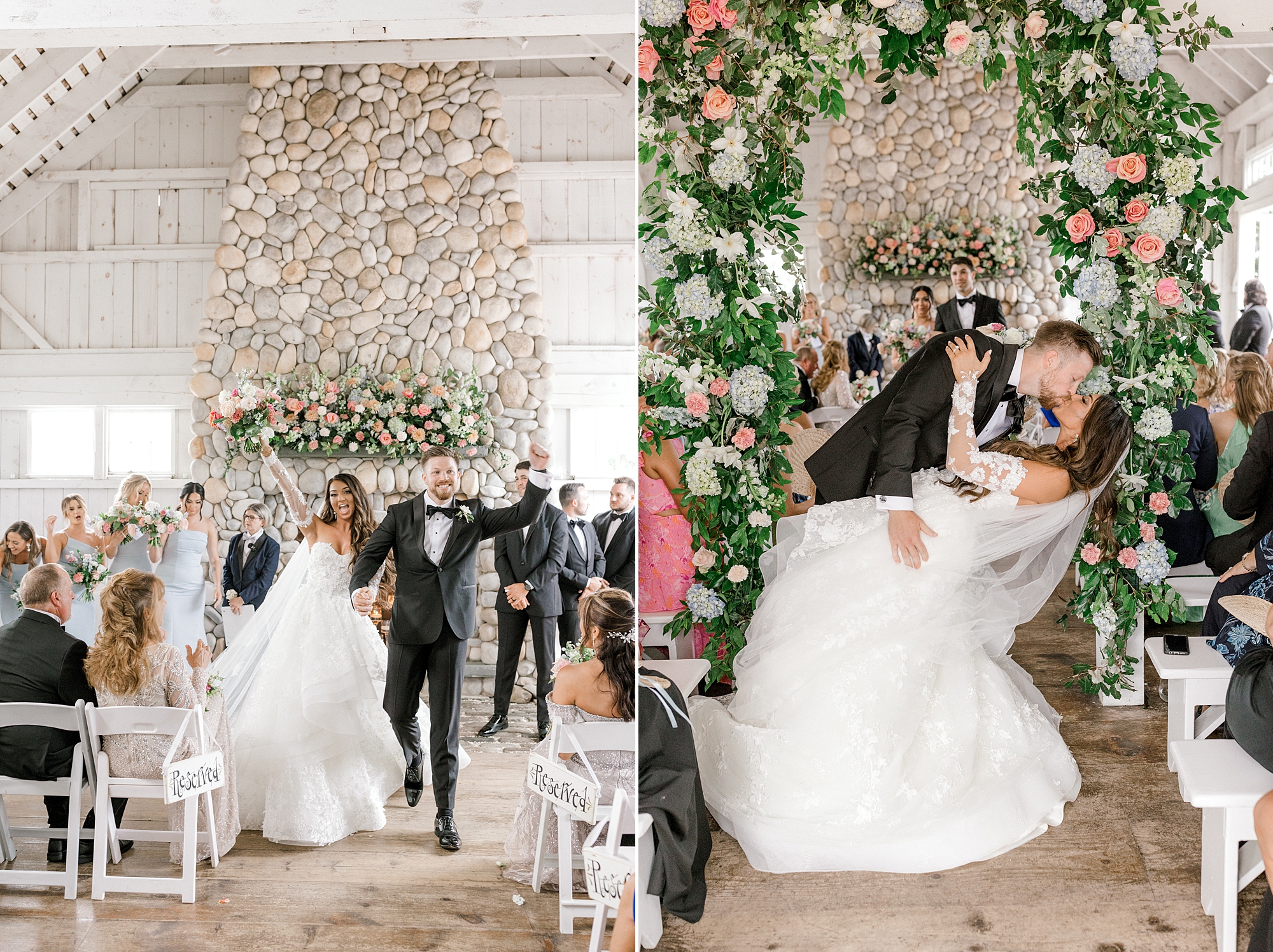 groom dips bride kissing her in aisle at Bonnet Island Estate