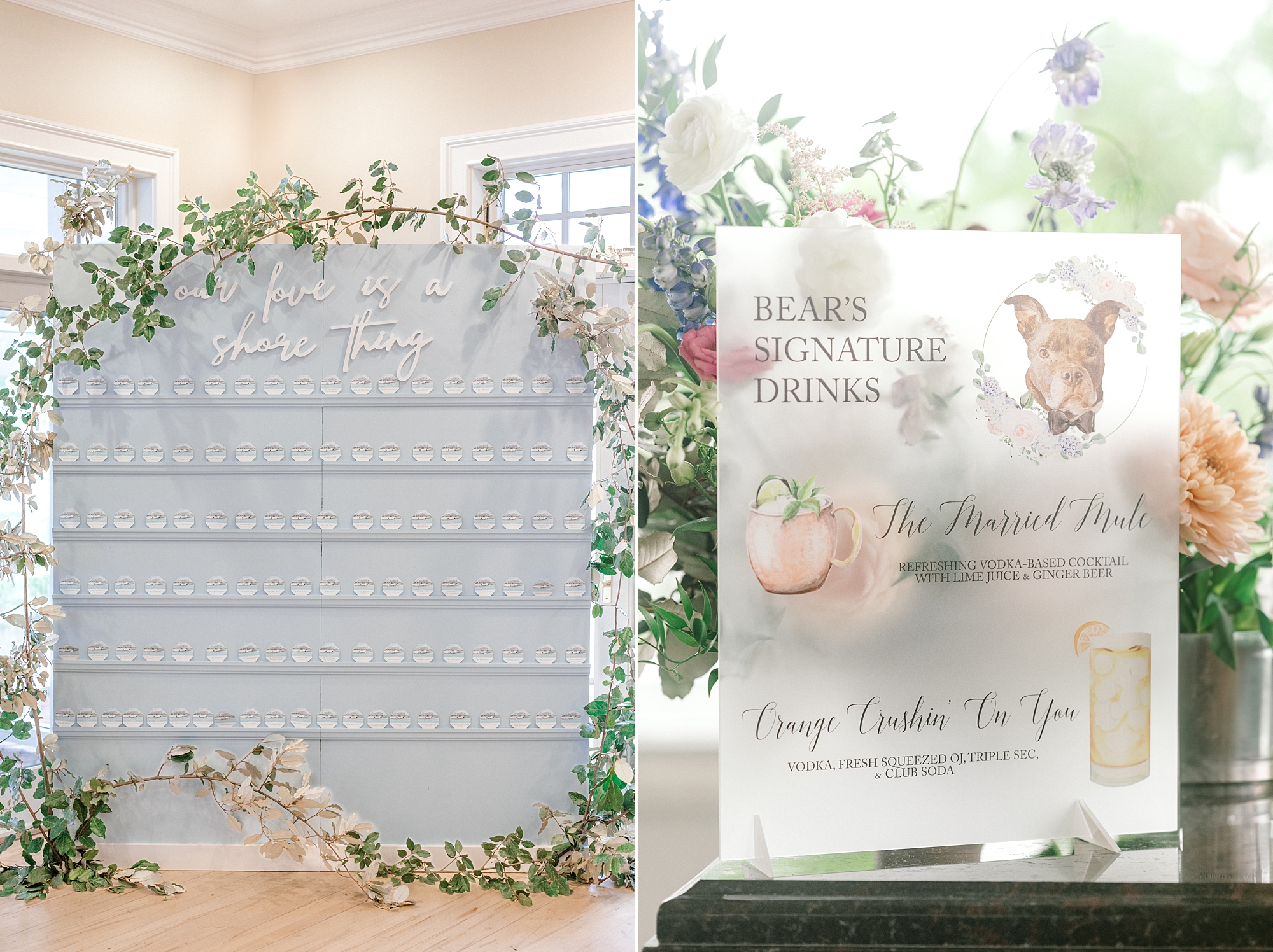 custom seating chart and signature cocktail drink signs for LBI wedding reception
